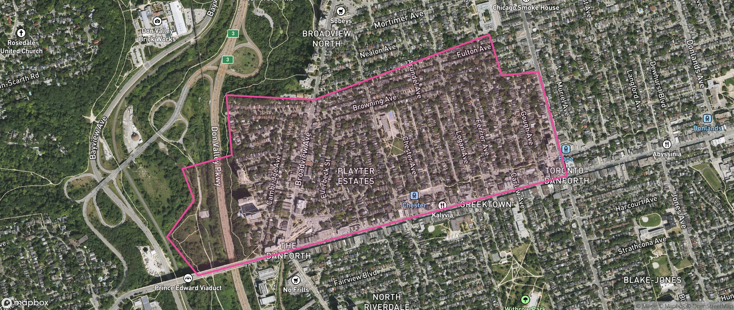 Map of Playter Estates-Danforth, Toronto showing the community boundary
