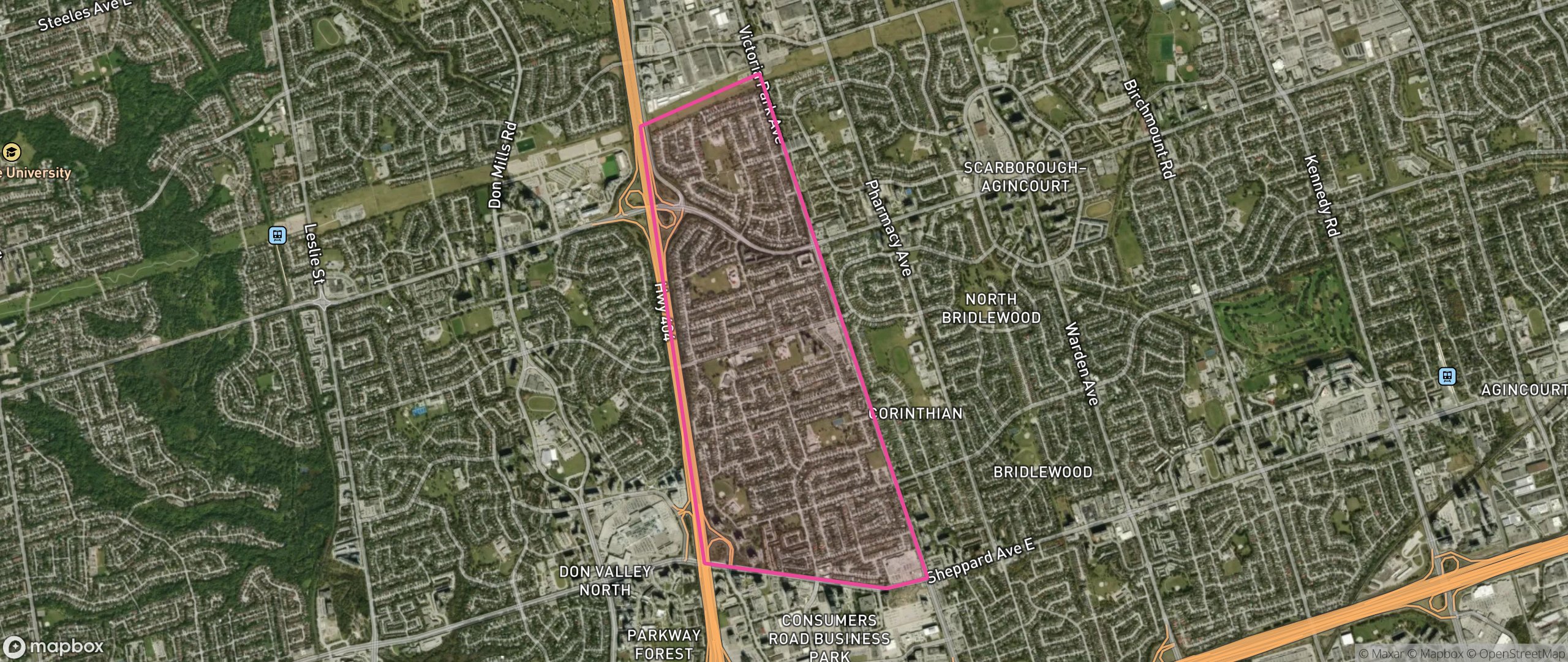 Map of Pleasant View, Toronto showing the community boundary