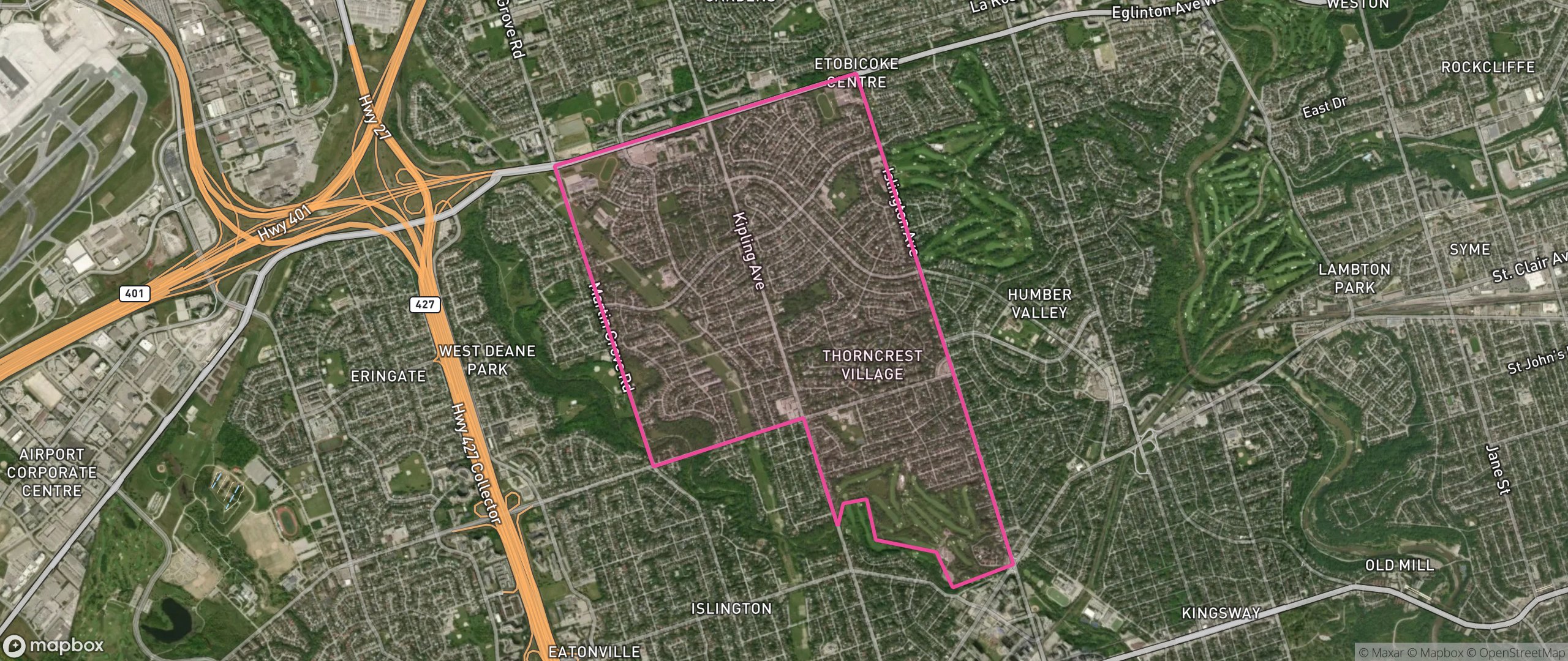Map of Princess-Rosethorn, Toronto showing the community boundary