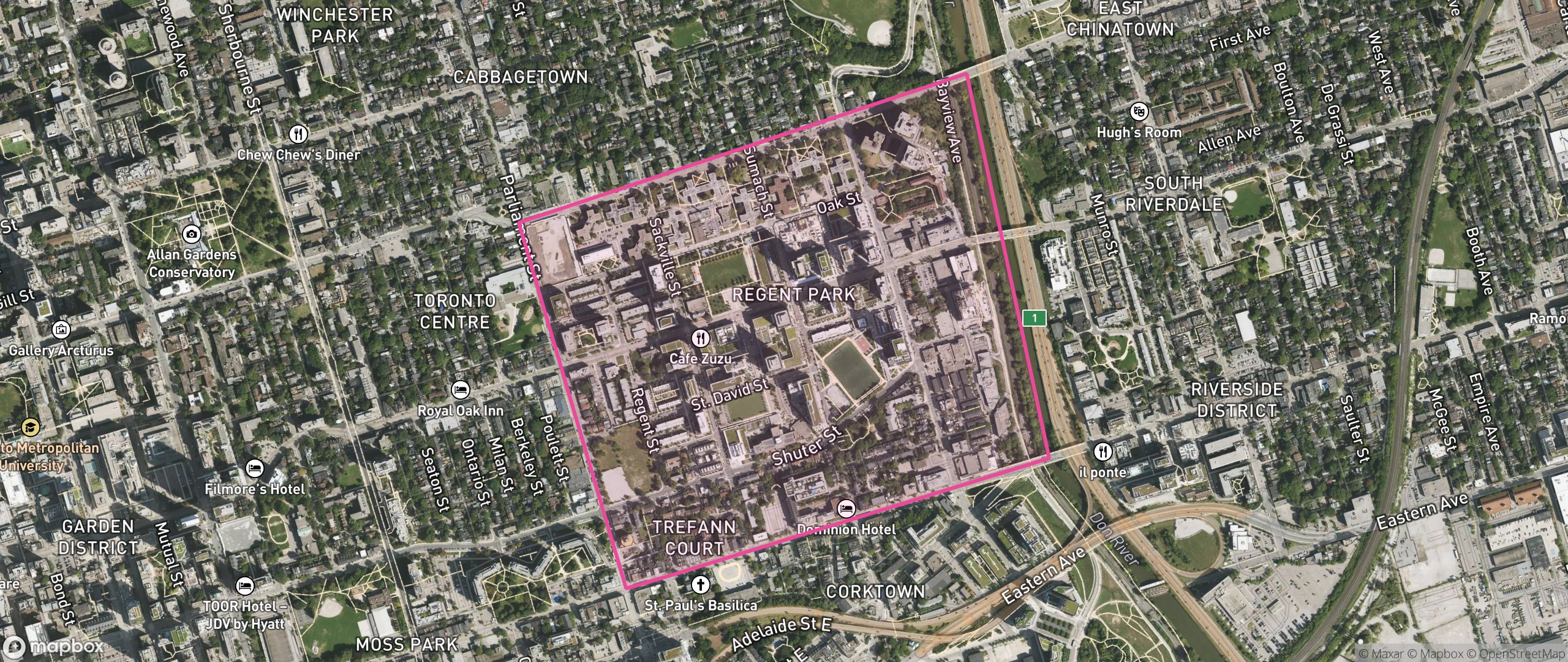Map of Regent Park, Toronto showing the community boundary