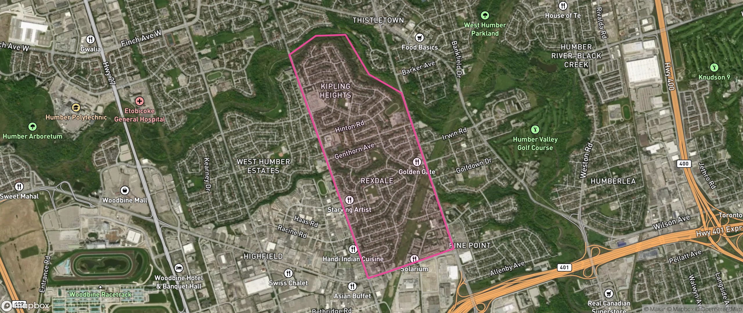 Map of Rexdale-Kipling, Toronto showing the community boundary