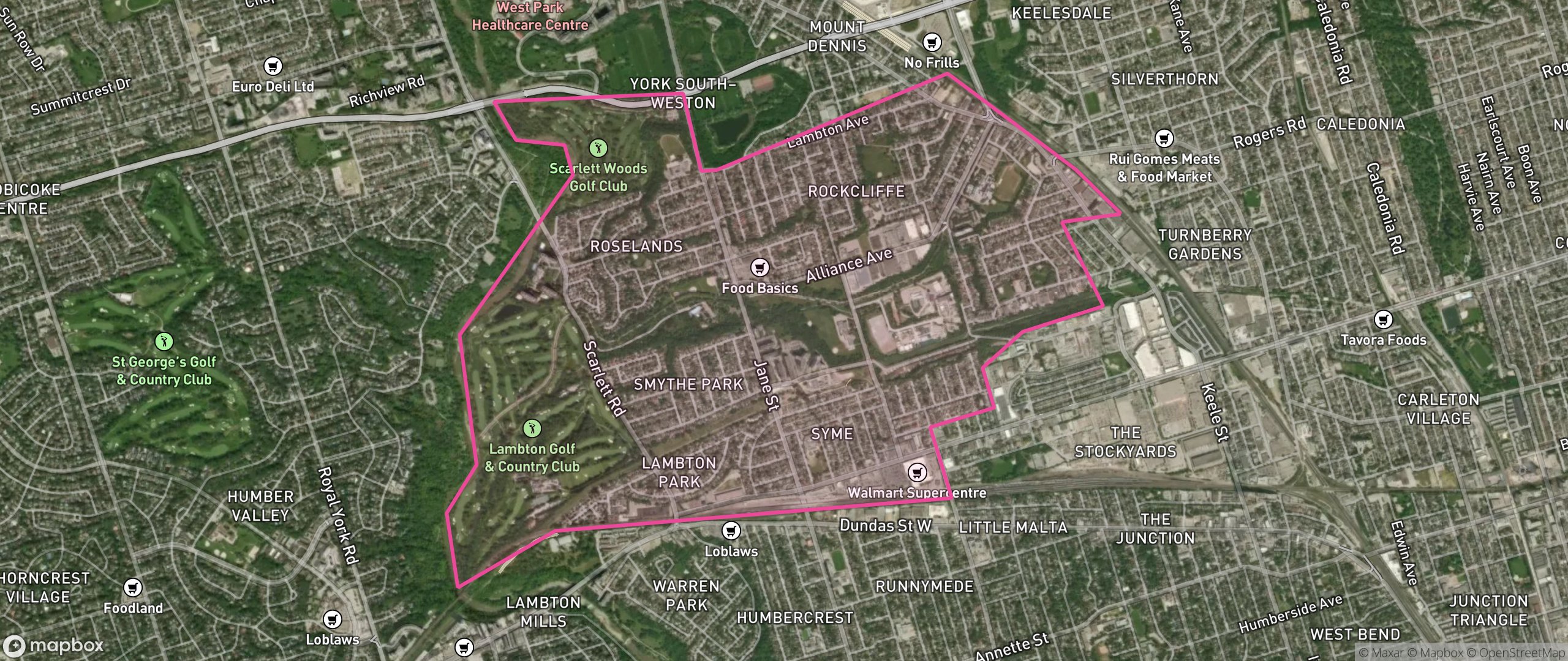 Map of Rockcliffe-Smythe, Toronto showing the community boundary