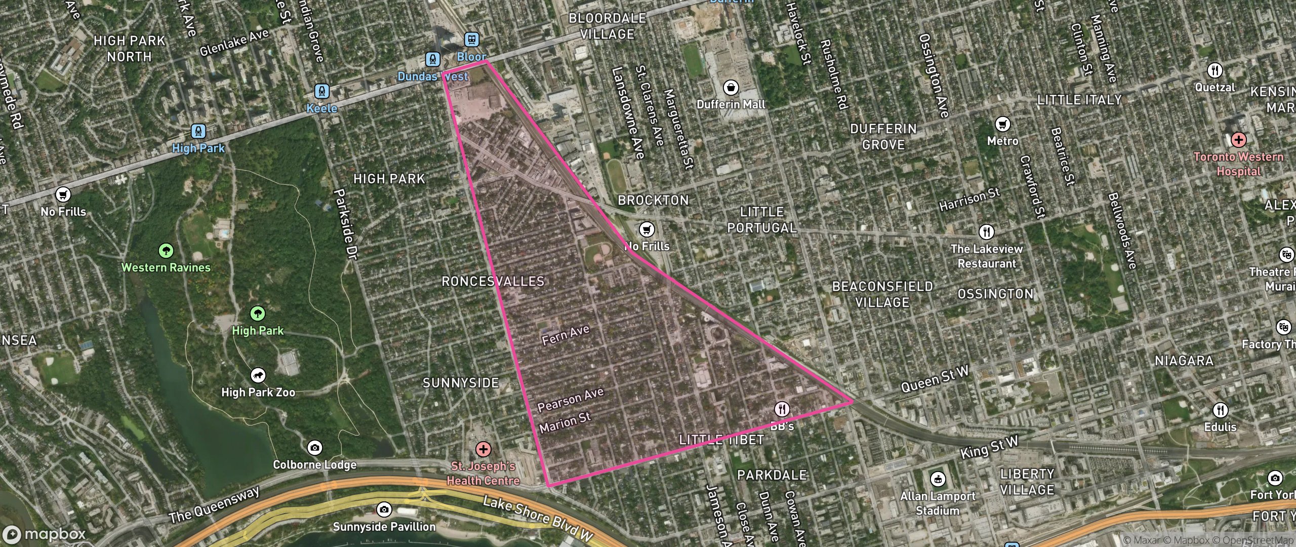 Map of Roncesvalles, Toronto showing the community boundary