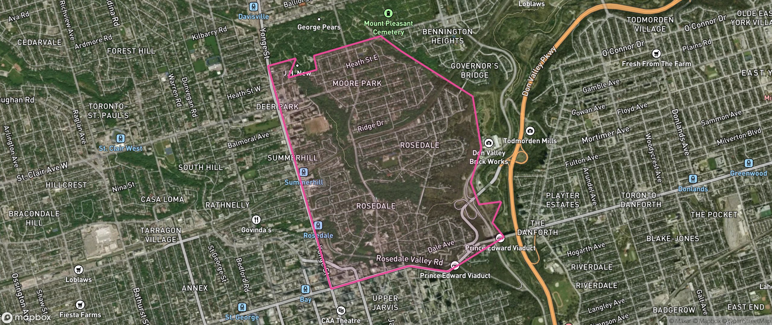 Map of Rosedale-Moore Park, Toronto showing the community boundary