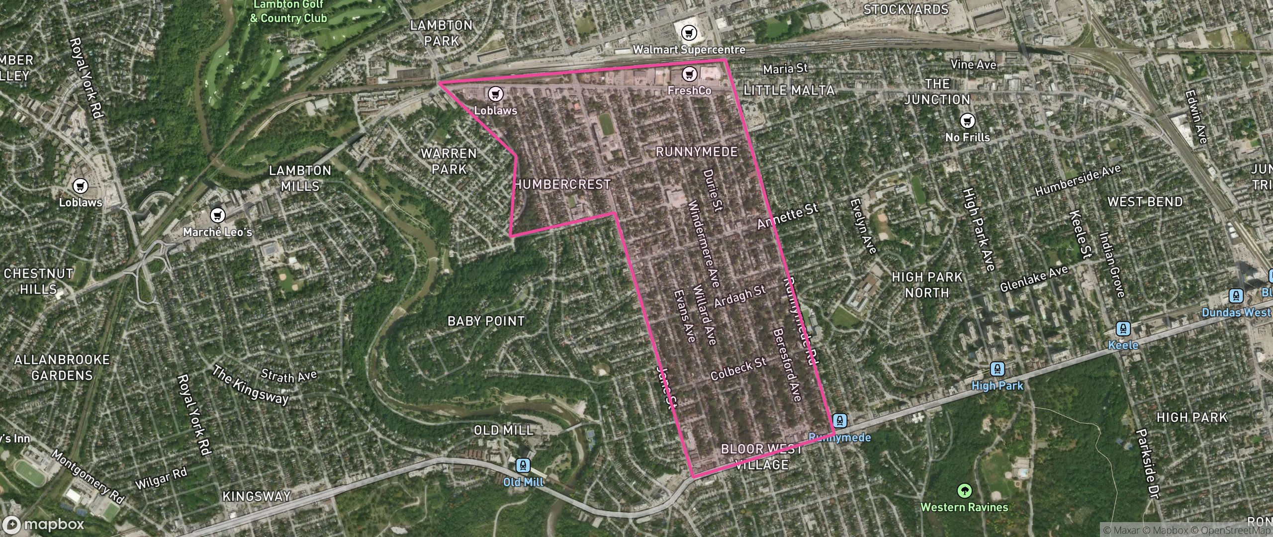 Map of Runnymede-Bloor West Village, Toronto showing the community boundary