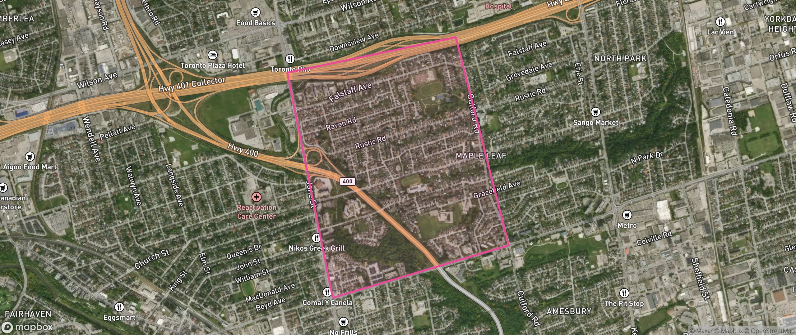 Map of Rustic, Toronto showing the community boundary