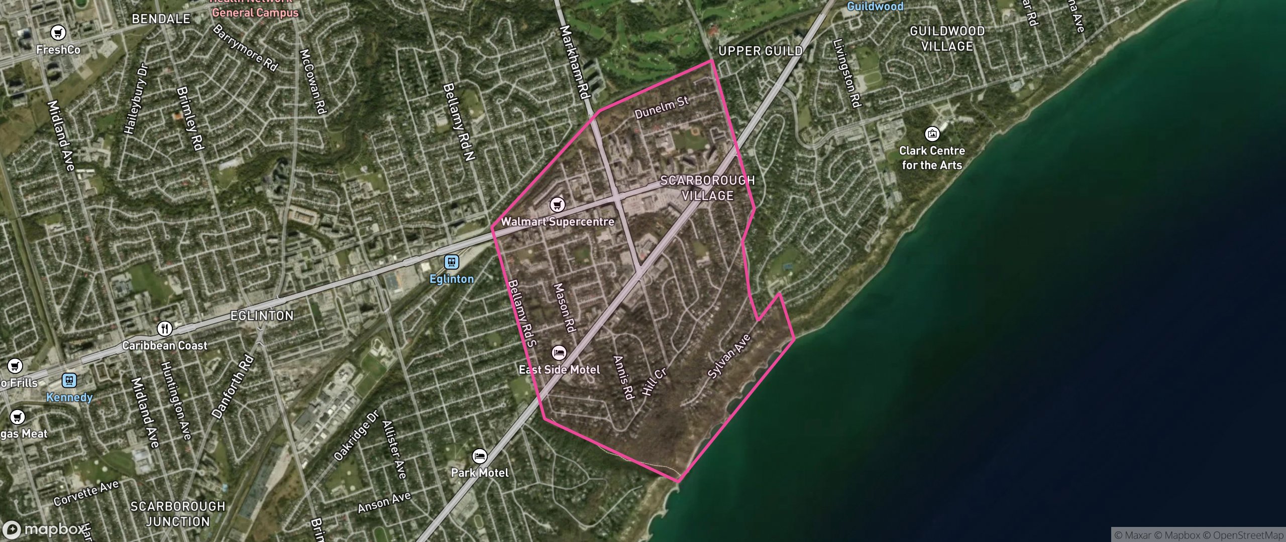 Map of Scarborough Village, Toronto showing the community boundary