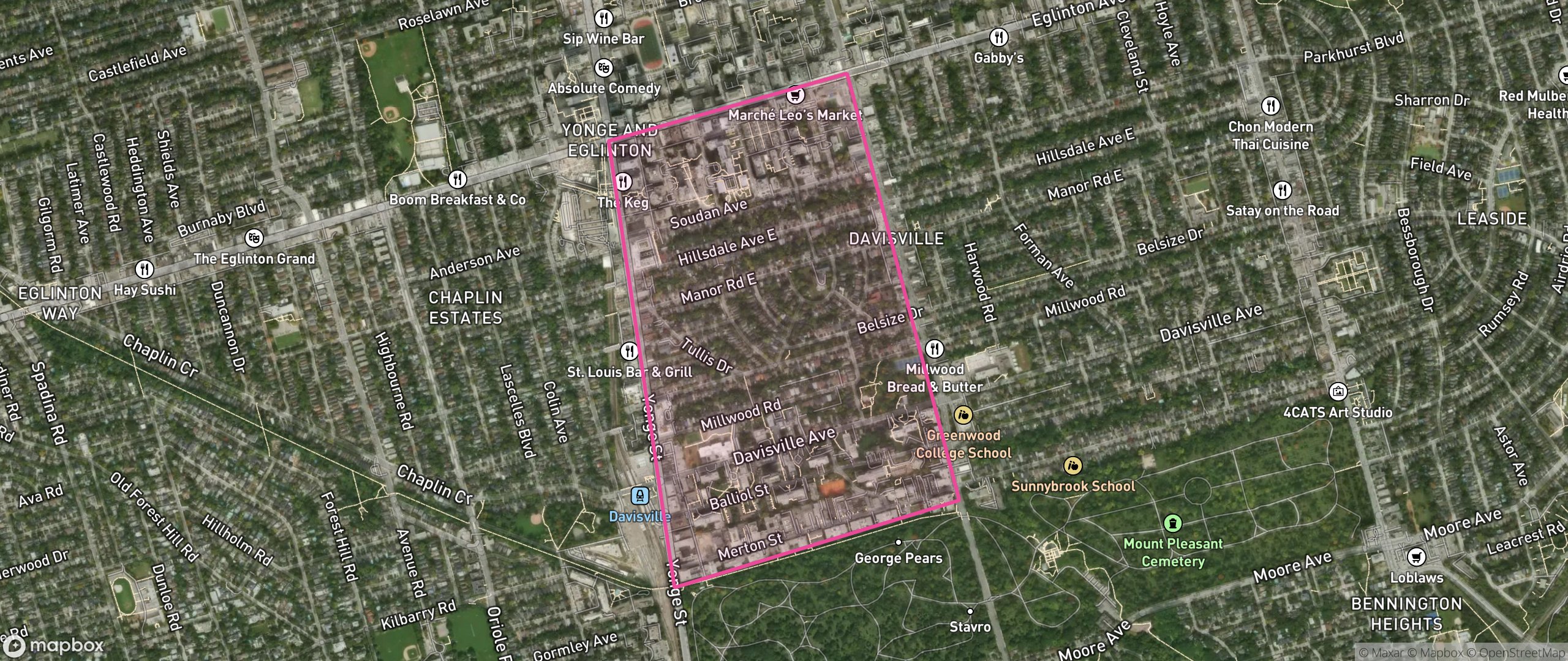 Map of South Eglinton-Davisville, Toronto showing the community boundary