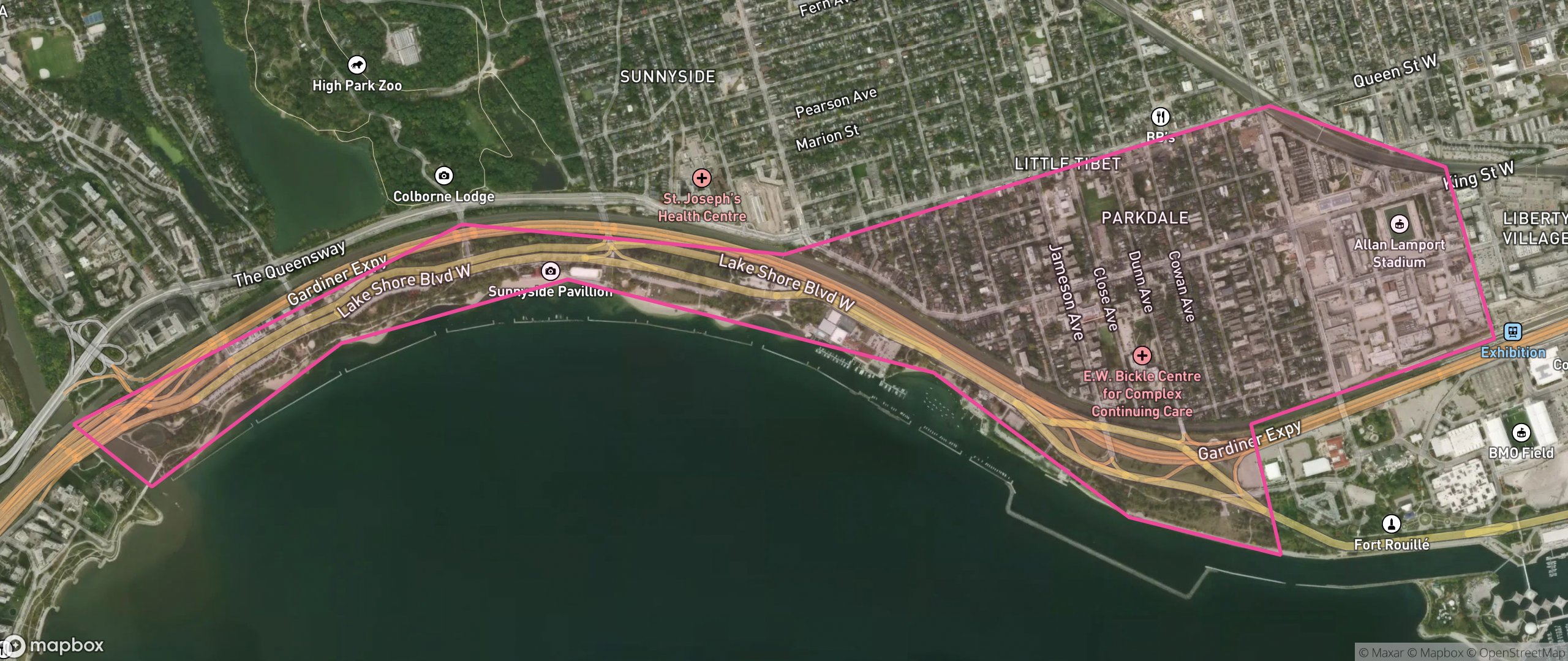 Map of South Parkdale, Toronto showing the community boundary