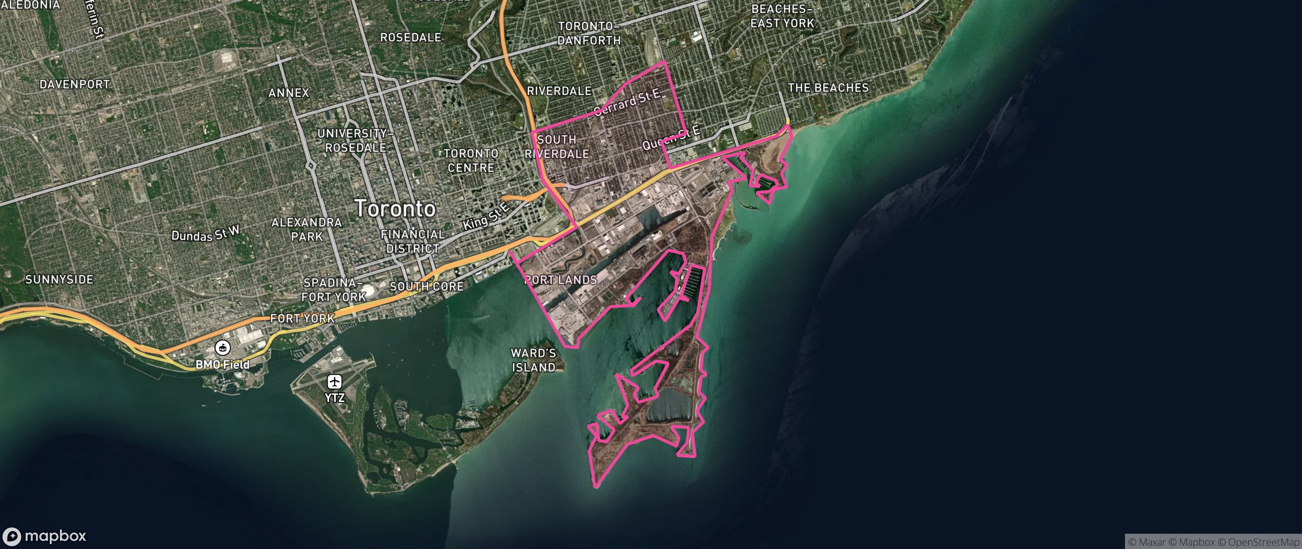 Map of South Riverdale, Toronto showing the community boundary