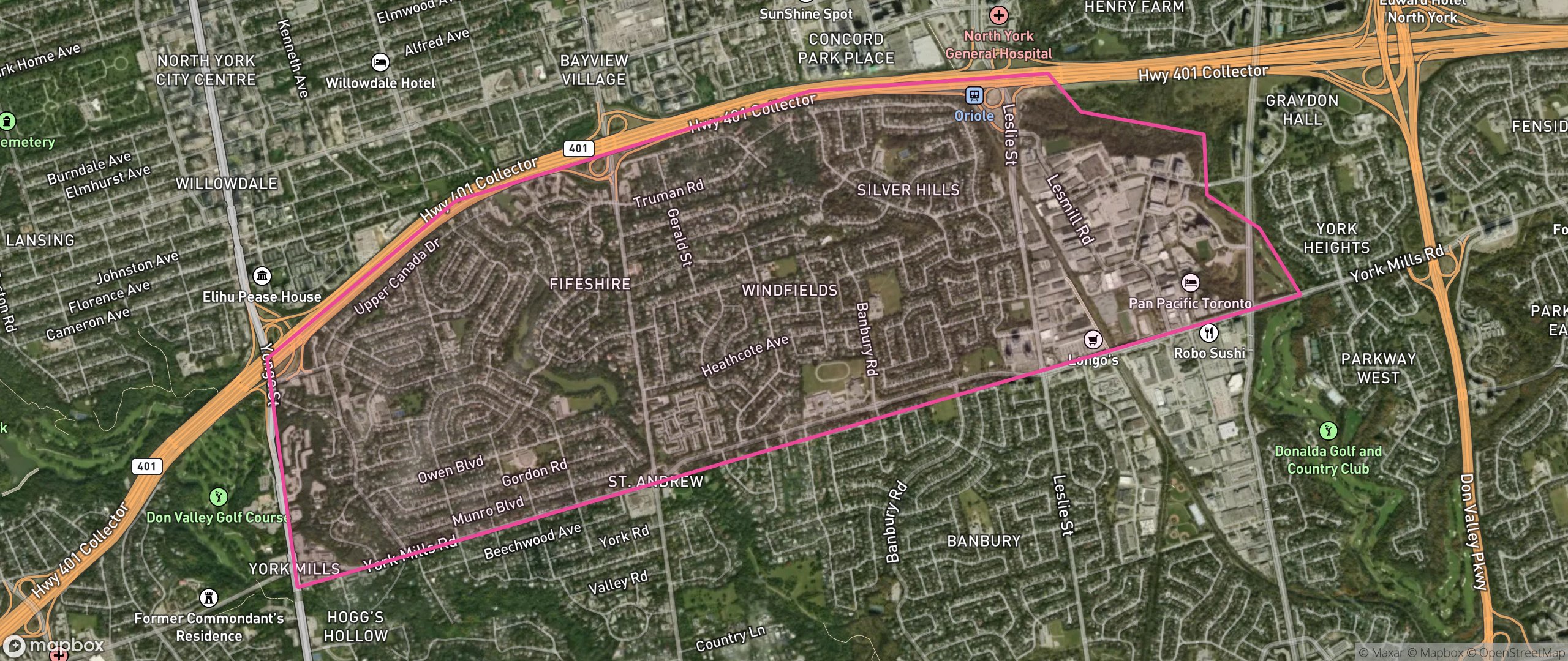 Map of St.Andrew-Windfields, Toronto showing the community boundary