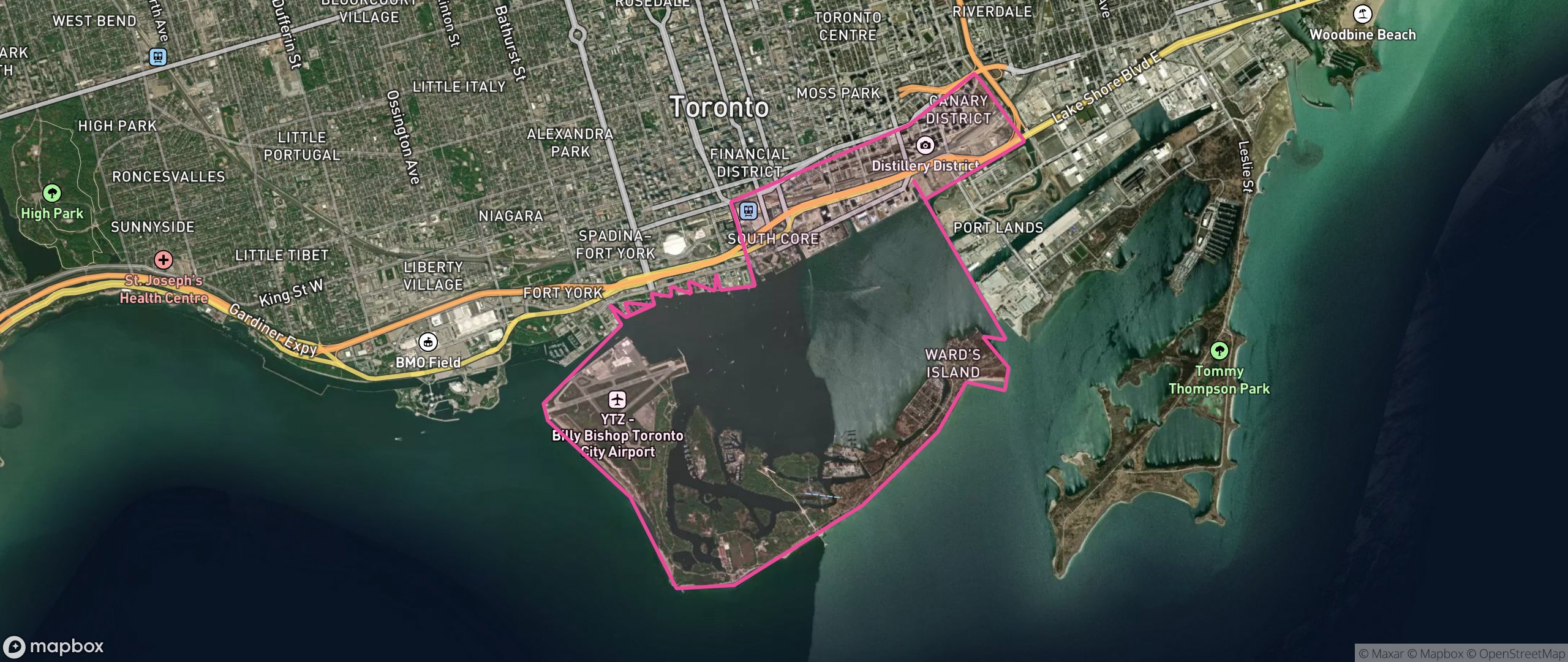 Map of St Lawrence-East Bayfront-The Islands, Toronto showing the community boundary