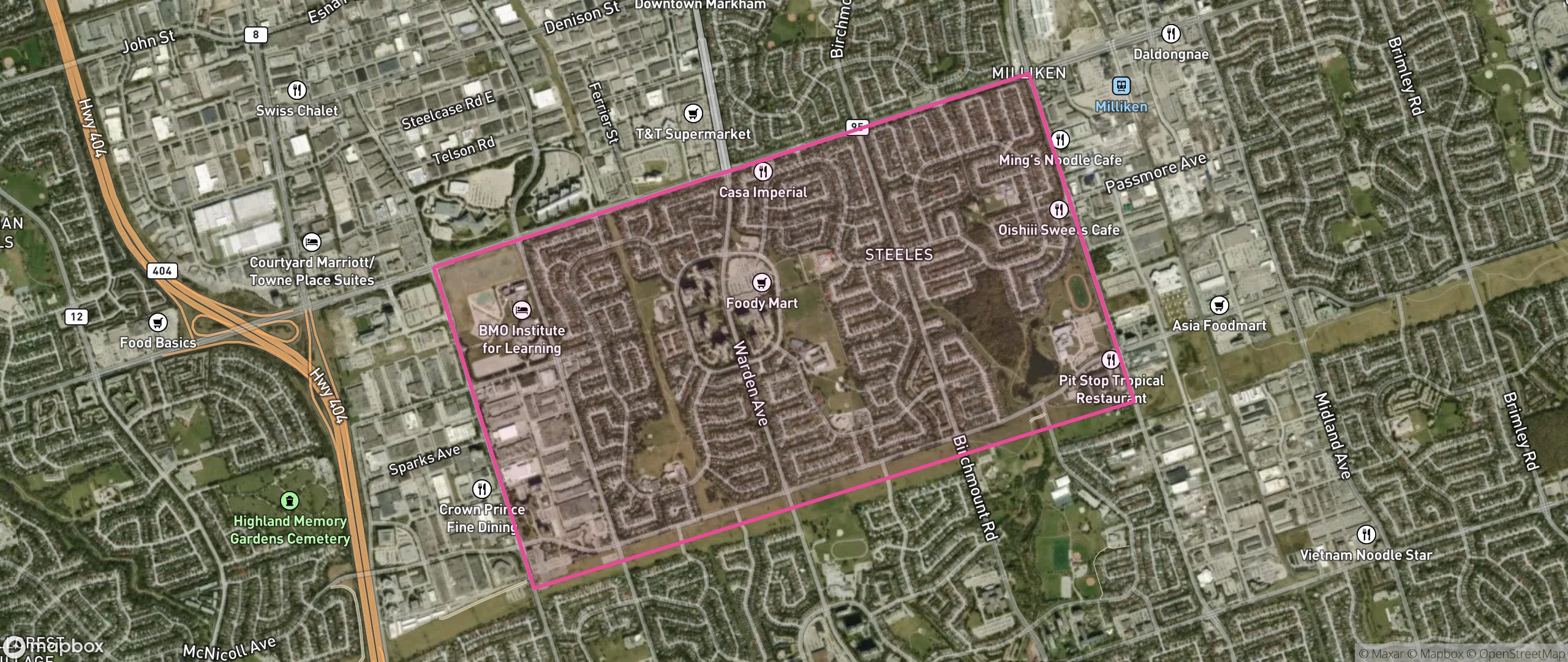 Map of Steeles, Toronto showing the community boundary