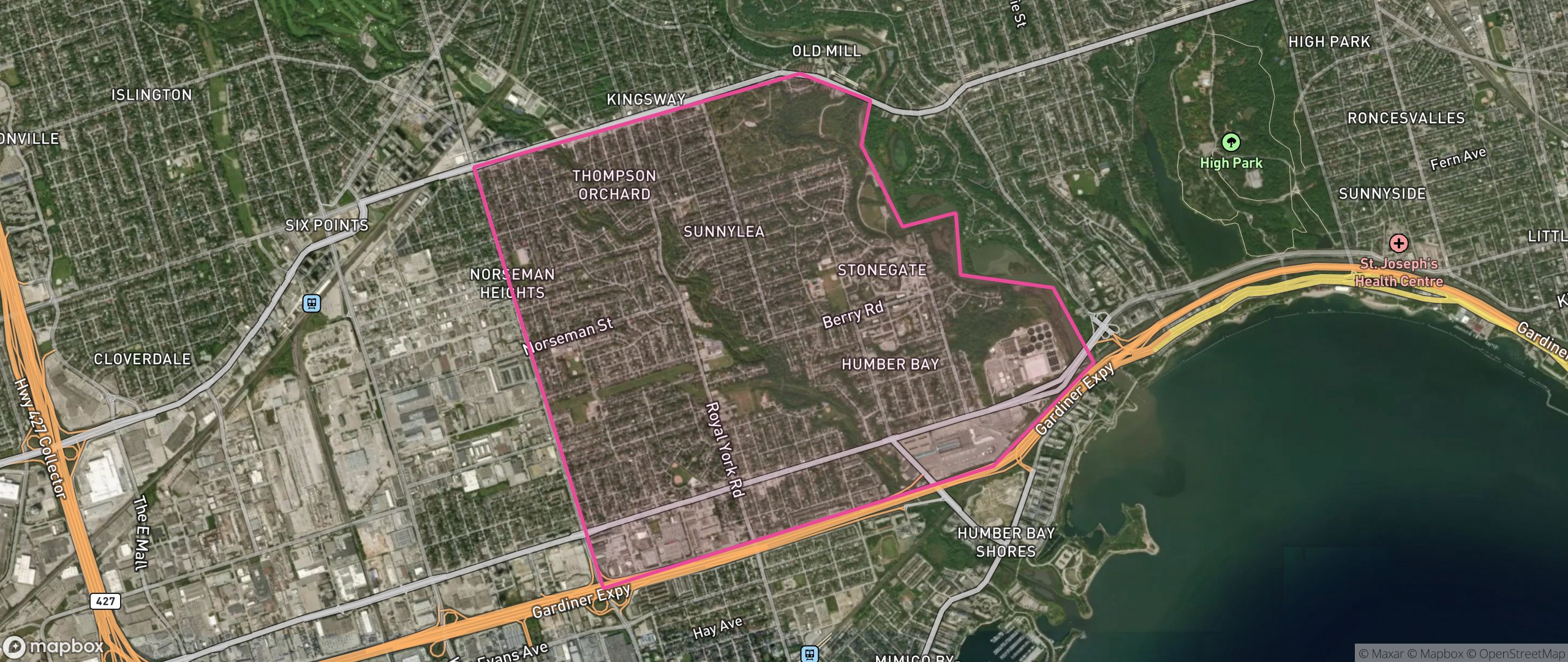 Map of Stonegate-Queensway, Toronto showing the community boundary