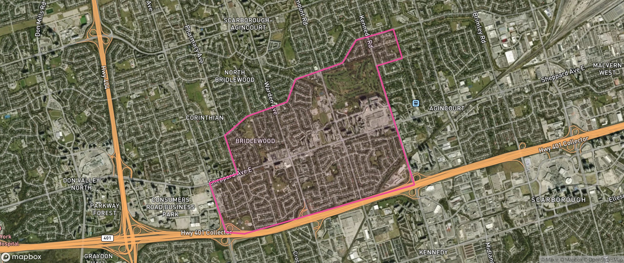 Map of Tam O'Shanter-Sullivan, Toronto showing the community boundary