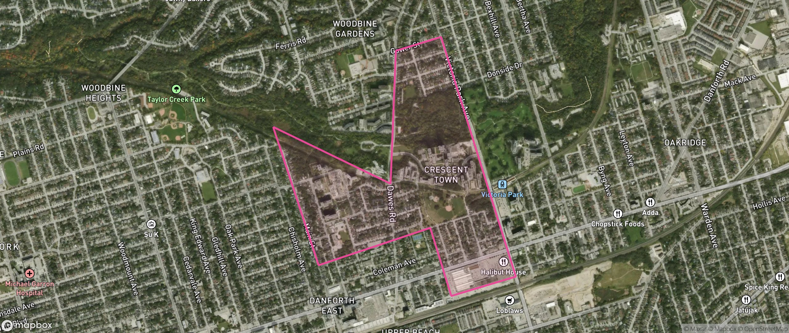 Map of Taylor-Massey, Toronto showing the community boundary