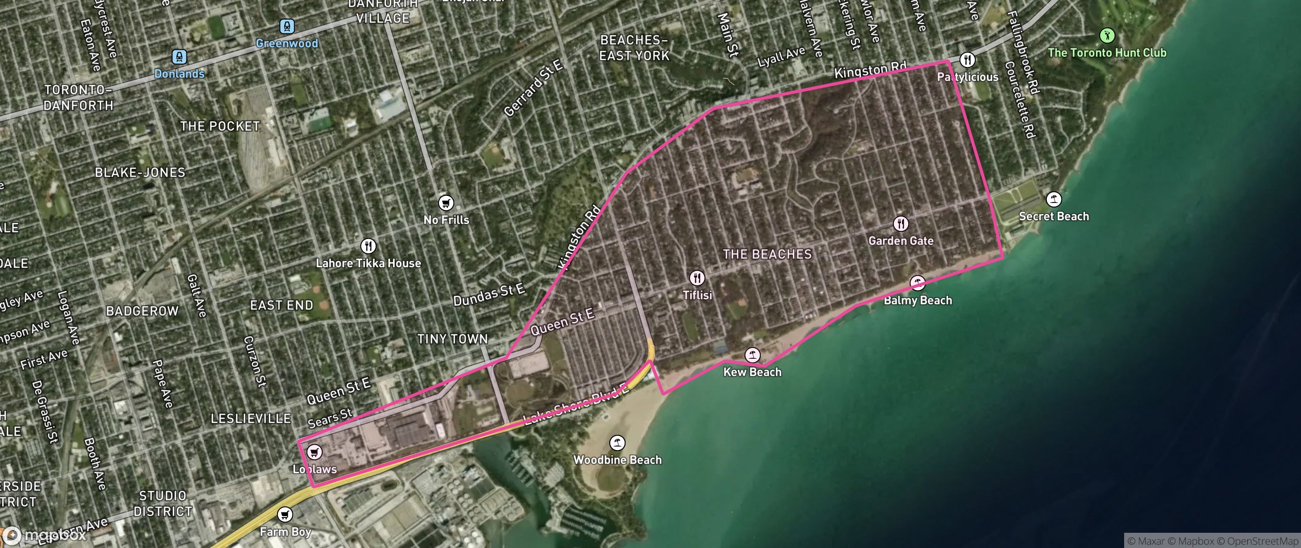 Map of The Beaches, Toronto showing the community boundary