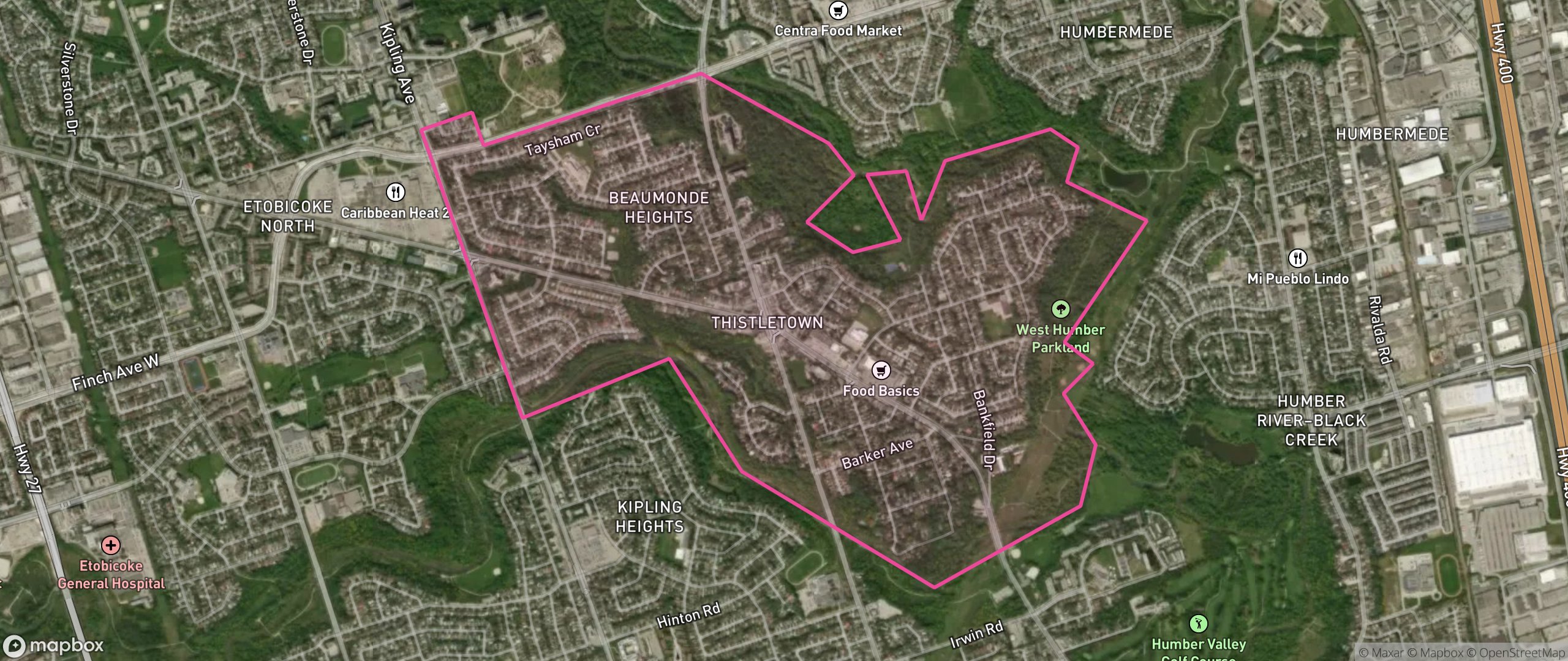 Map of Thistletown-Beaumond Heights, Toronto showing the community boundary