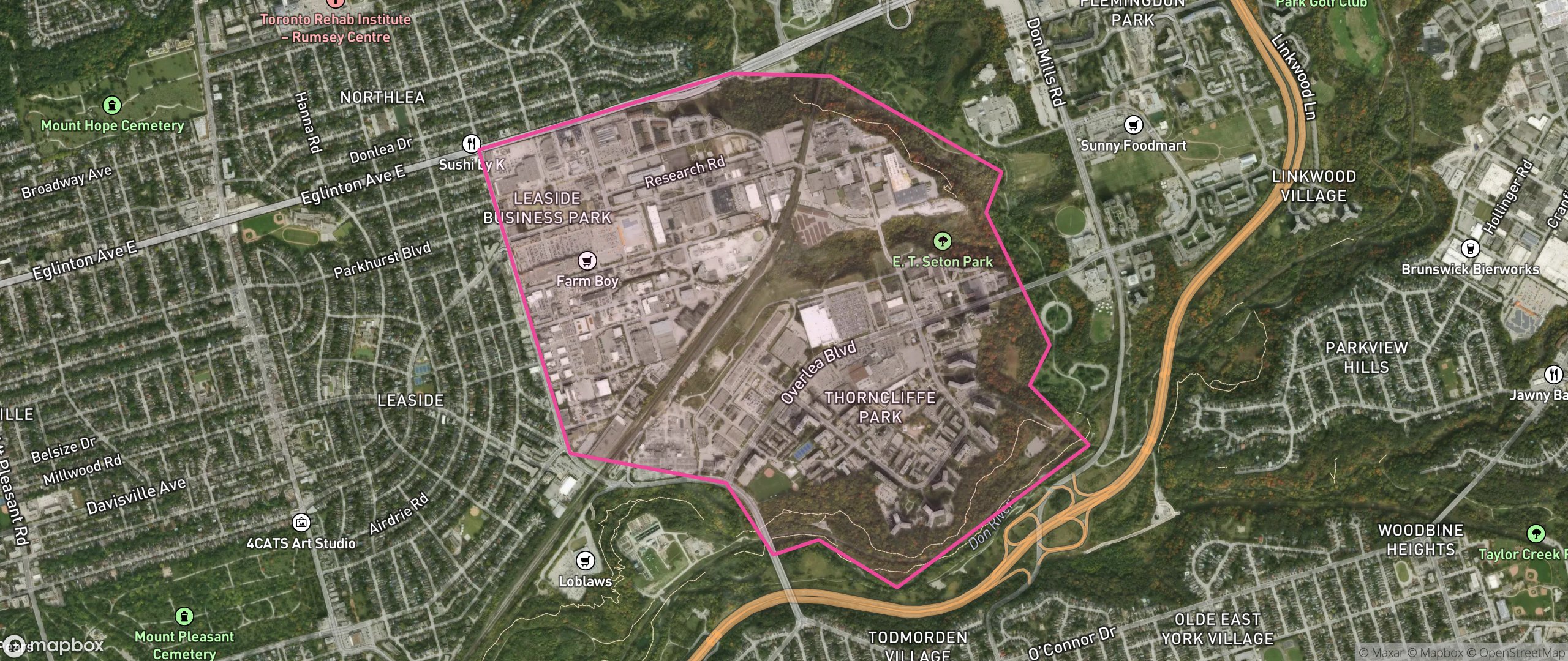 Map of Thorncliffe Park, Toronto showing the community boundary