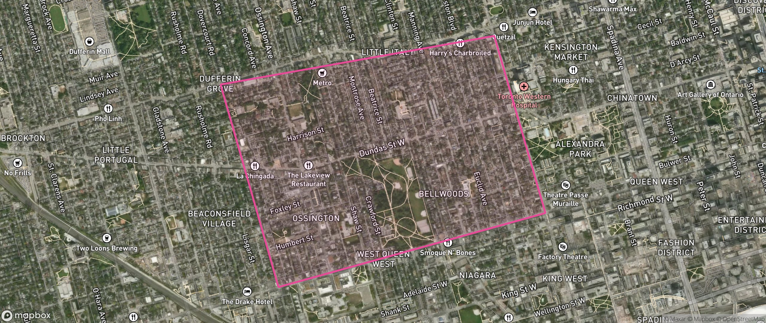 Map of Trinity-Bellwoods, Toronto showing the community boundary