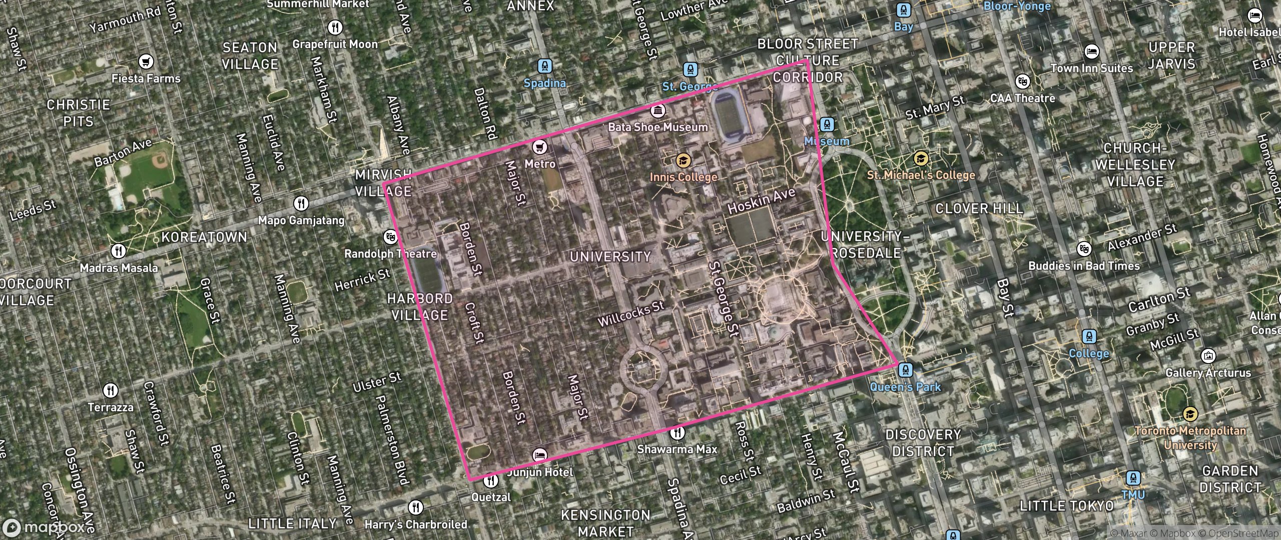 Map of University, Toronto showing the community boundary