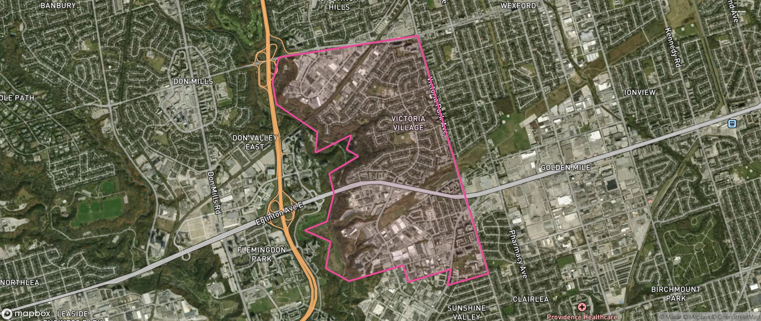 Map of Victoria Village, Toronto showing the community boundary
