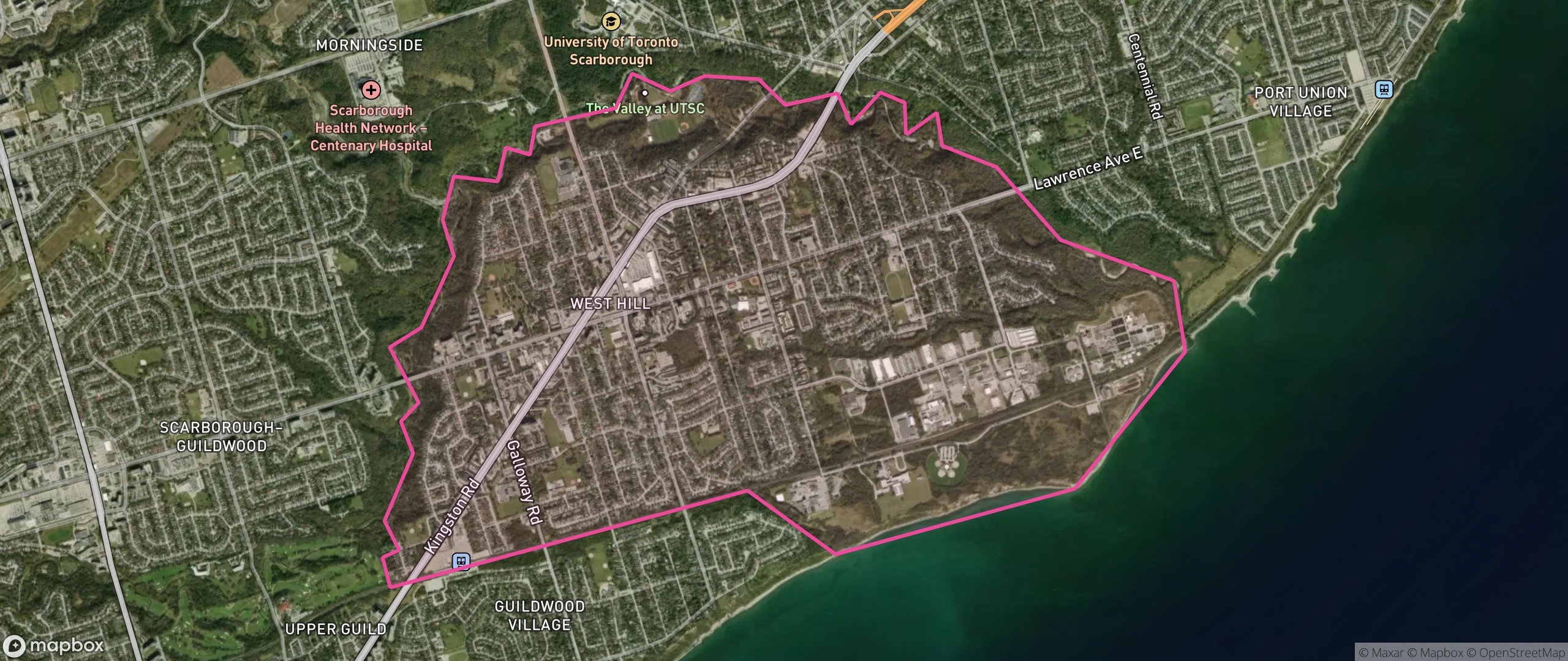 Map of West Hill, Toronto showing the community boundary