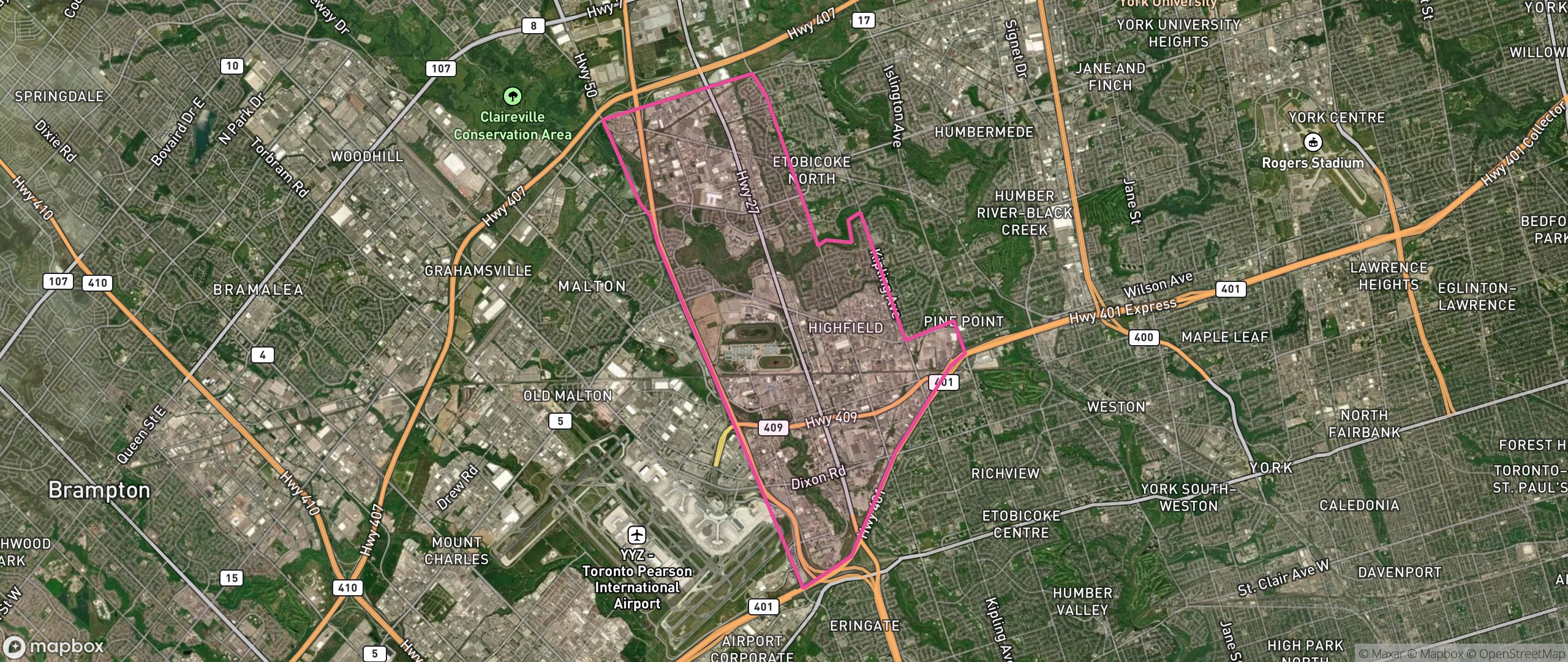 Map of West Humber-Clairville, Toronto showing the community boundary