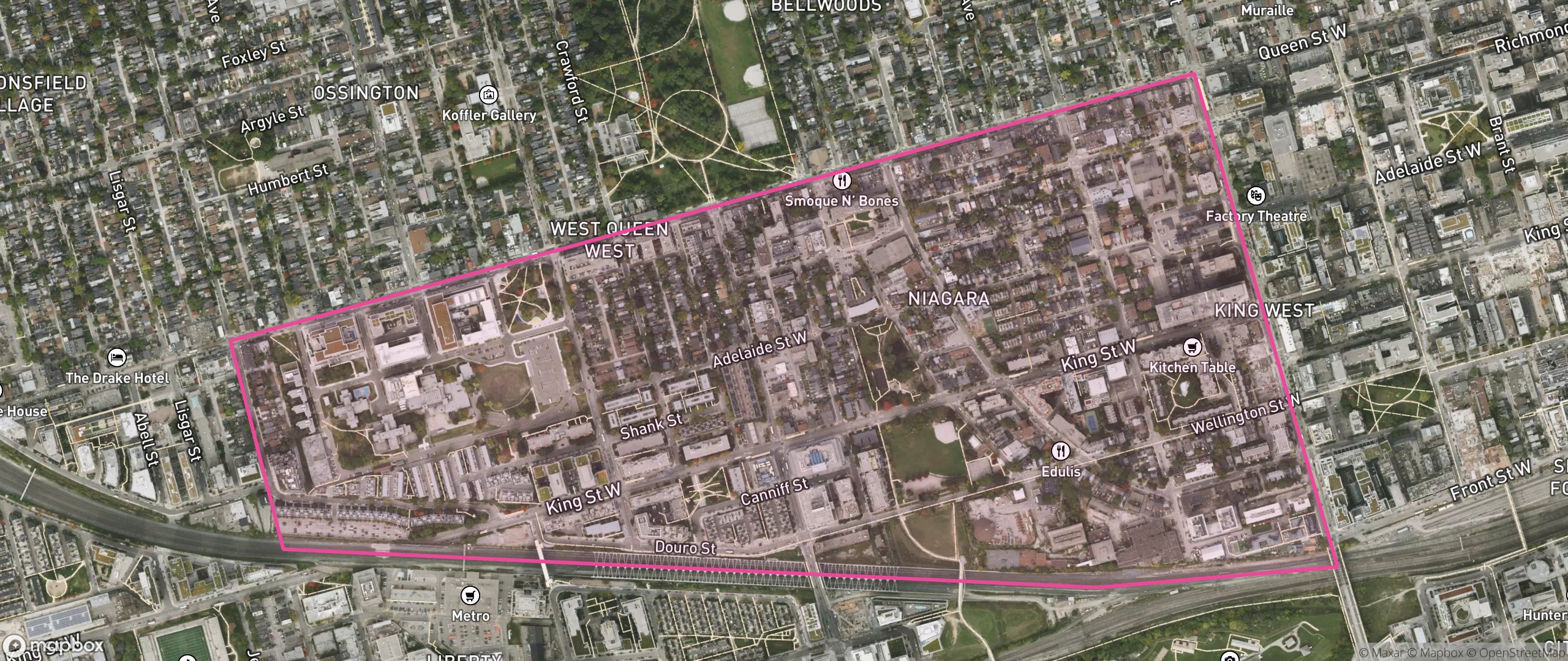 Map of West Queen West, Toronto showing the community boundary