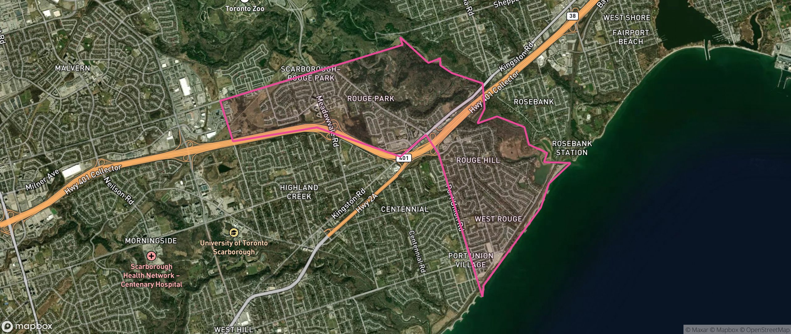 Map of West Rouge, Toronto showing the community boundary