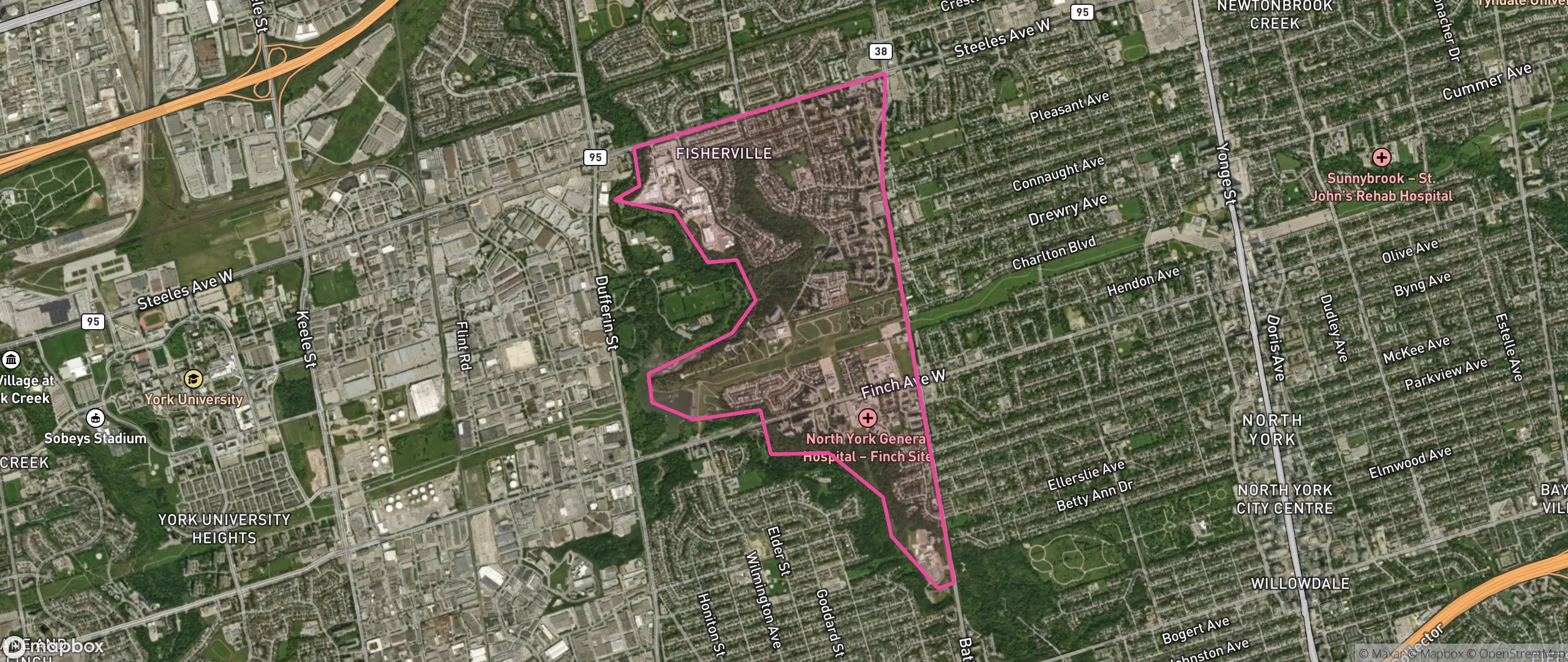 Map of Westminster-Branson, Toronto showing the community boundary