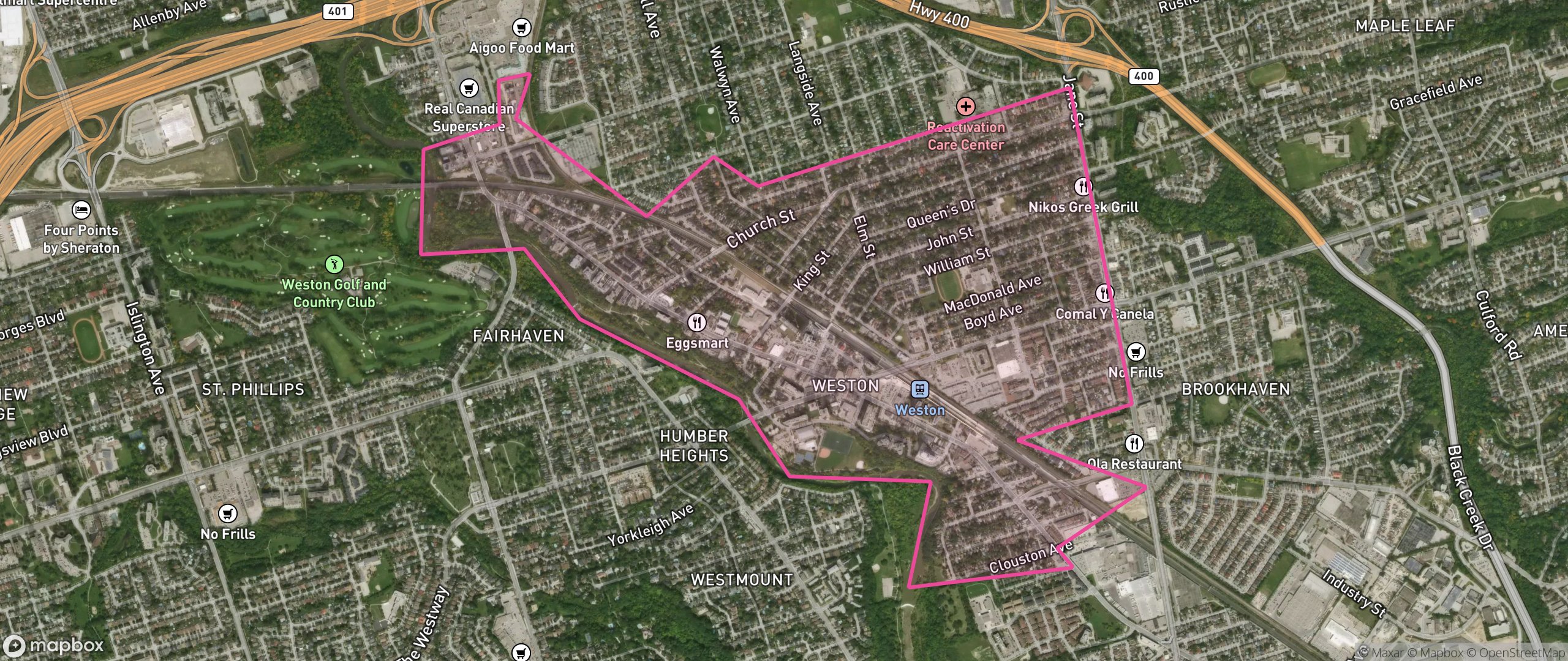 Map of Weston, Toronto showing the community boundary