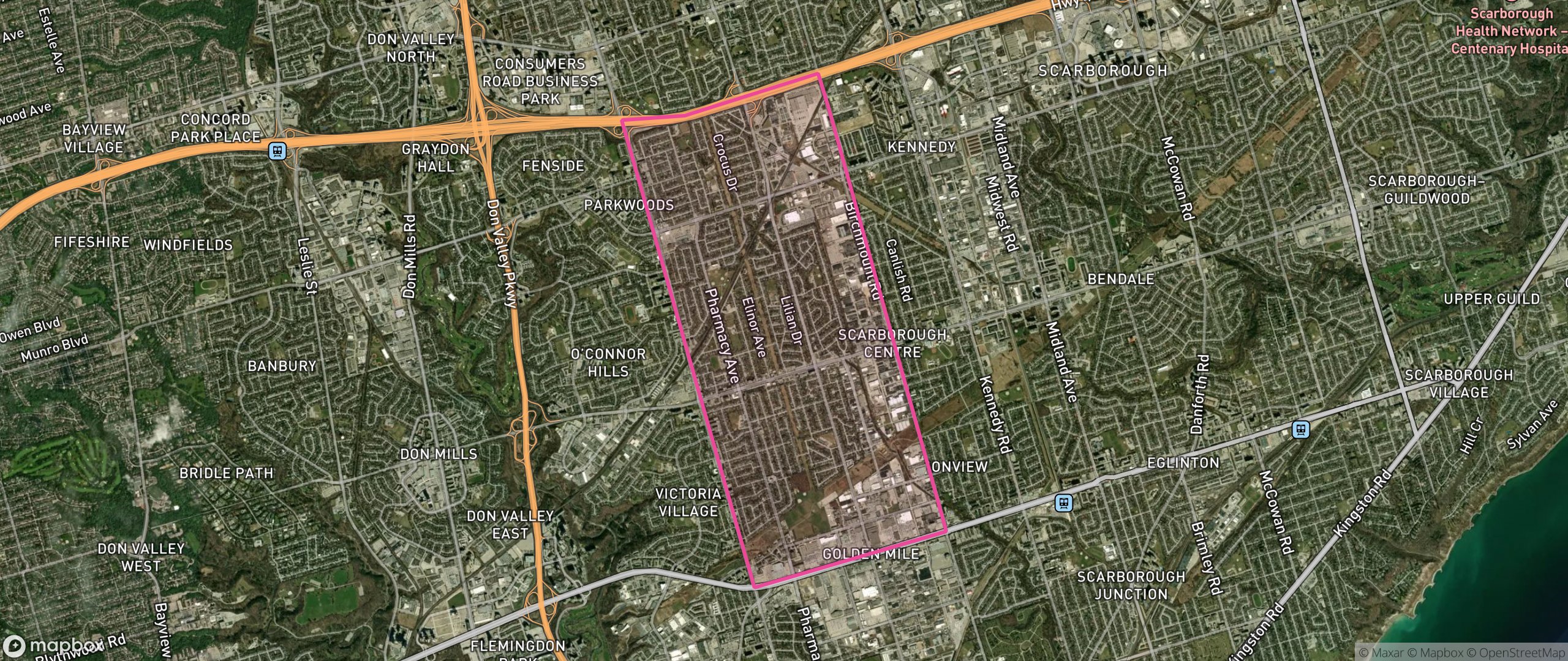 Map of Wexford/Maryvale, Toronto showing the community boundary