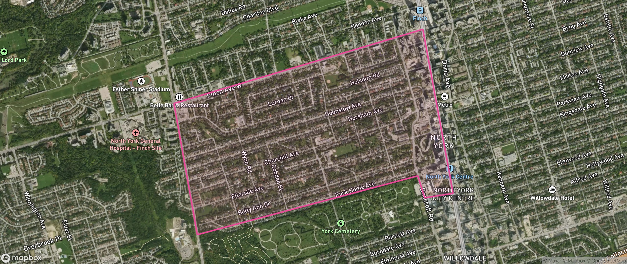 Map of Willowdale West, Toronto showing the community boundary