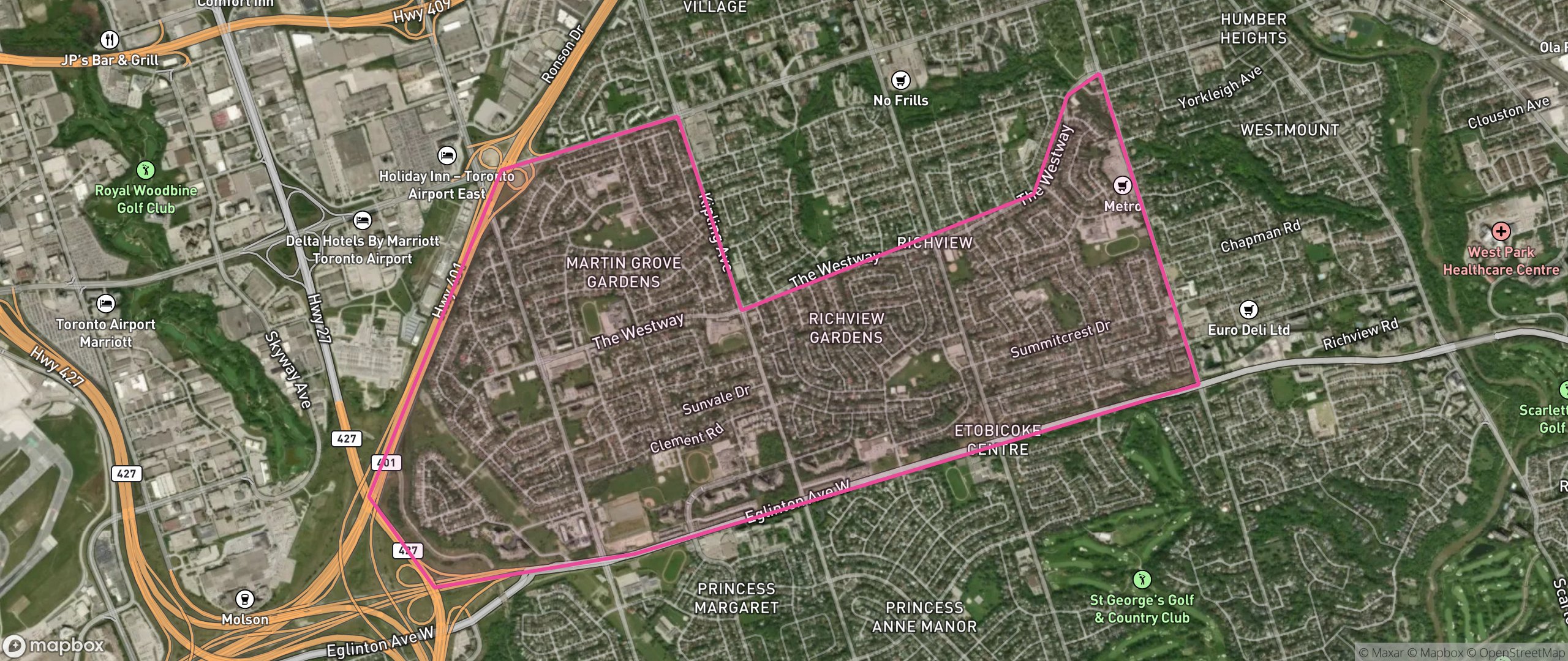Map of Willowridge-Martingrove-Richview, Toronto showing the community boundary