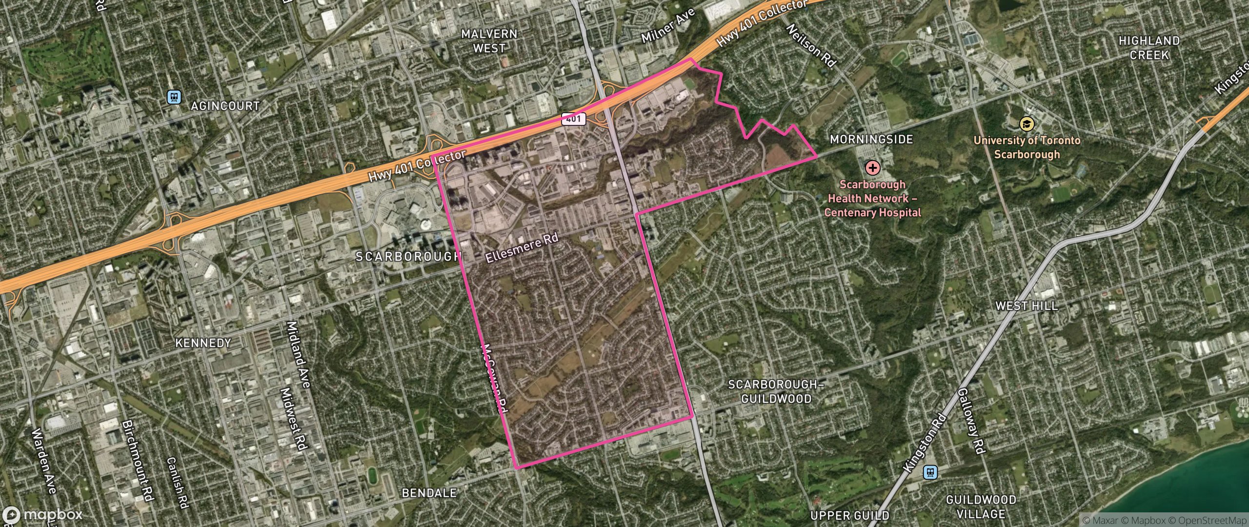 Map of Woburn North, Toronto showing the community boundary