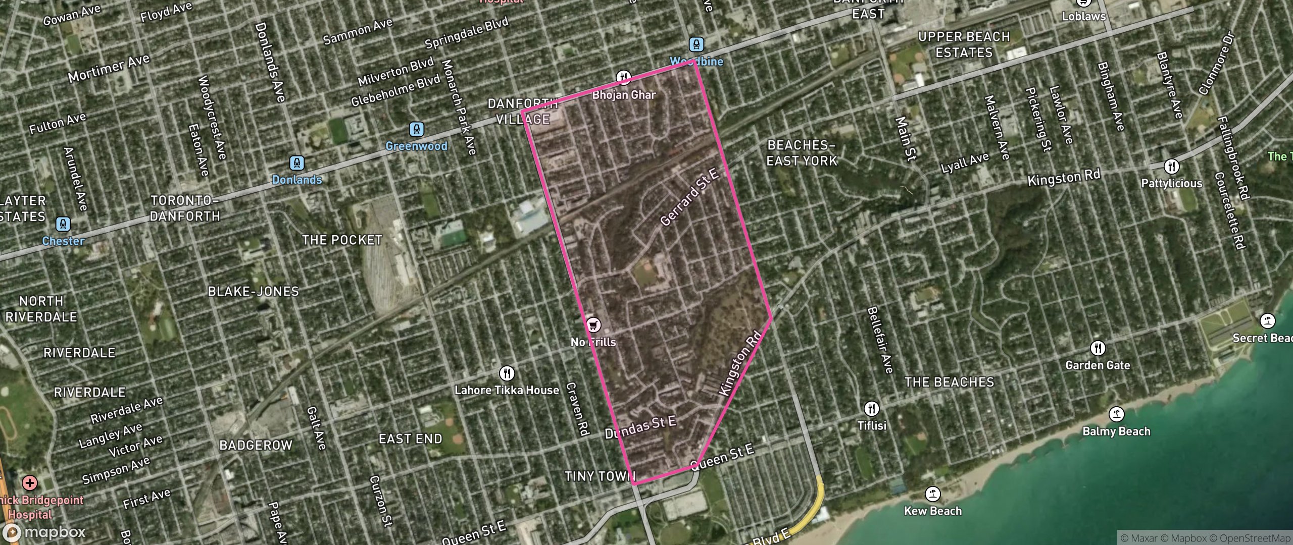Map of Woodbine Corridor, Toronto showing the community boundary