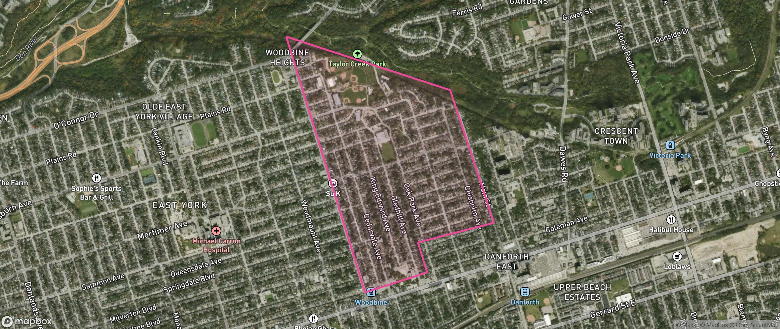 Map of Woodbine-Lumsden, Toronto showing the community boundary