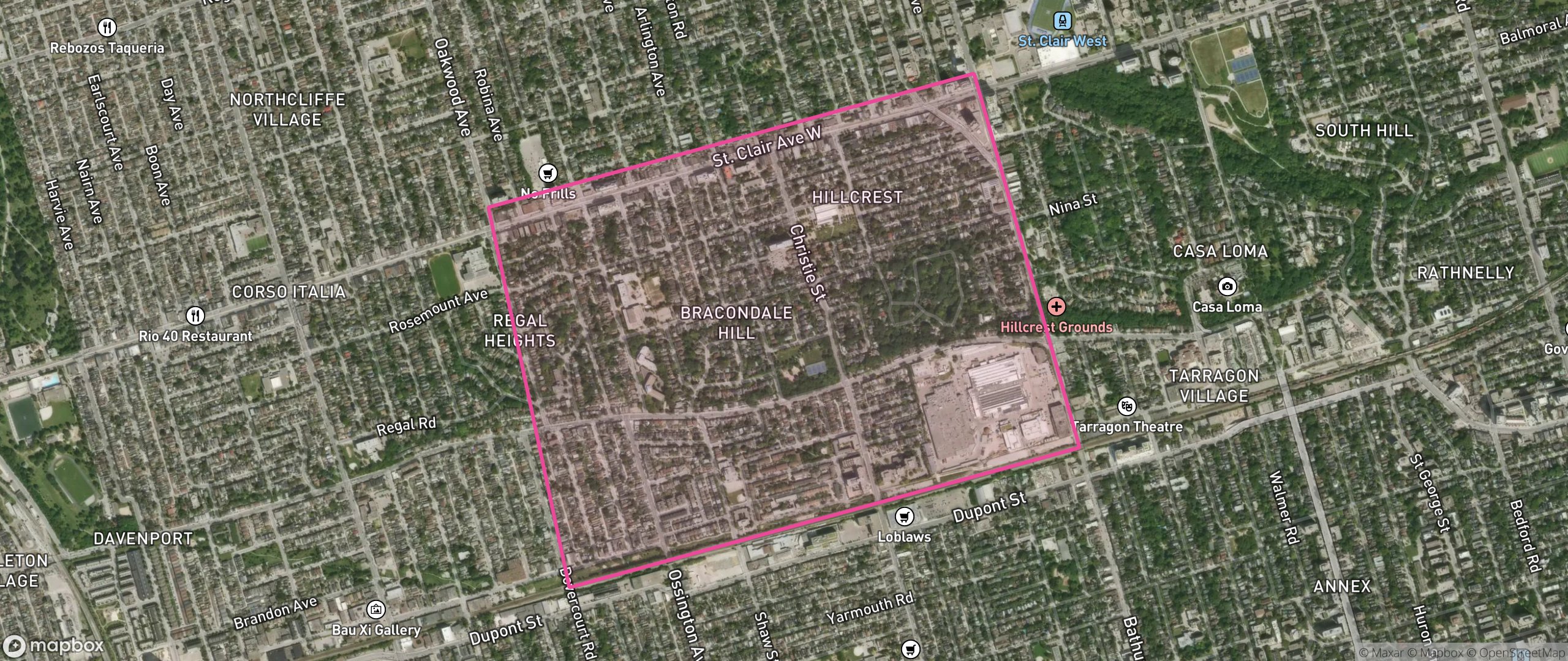 Map of Wychwood, Toronto showing the community boundary