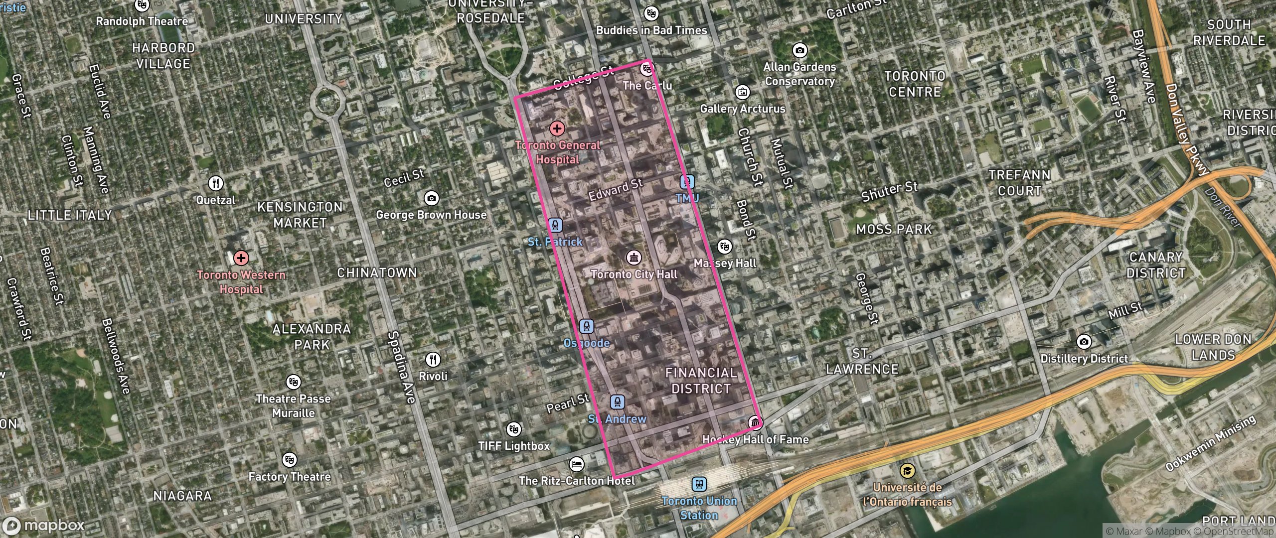 Map of Yonge-Bay Corridor, Toronto showing the community boundary