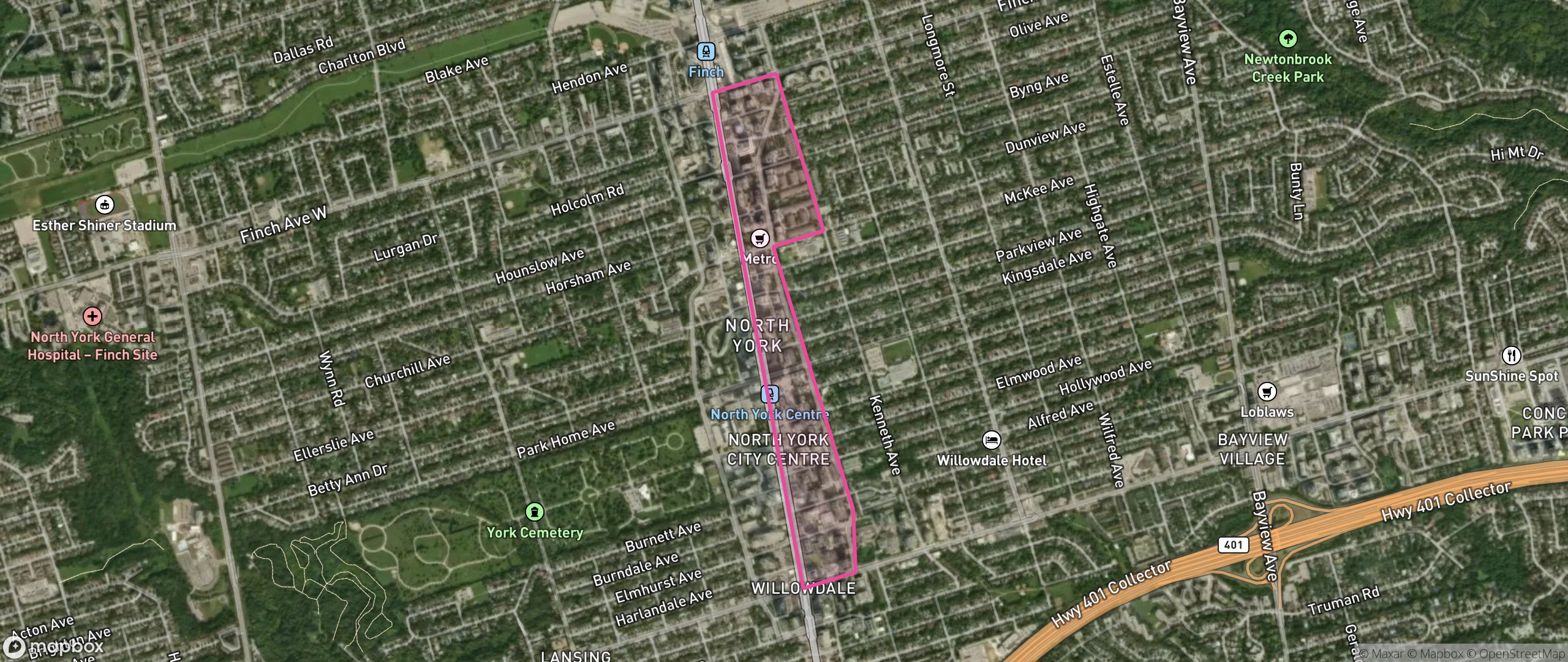 Map of Yonge-Doris, Toronto showing the community boundary