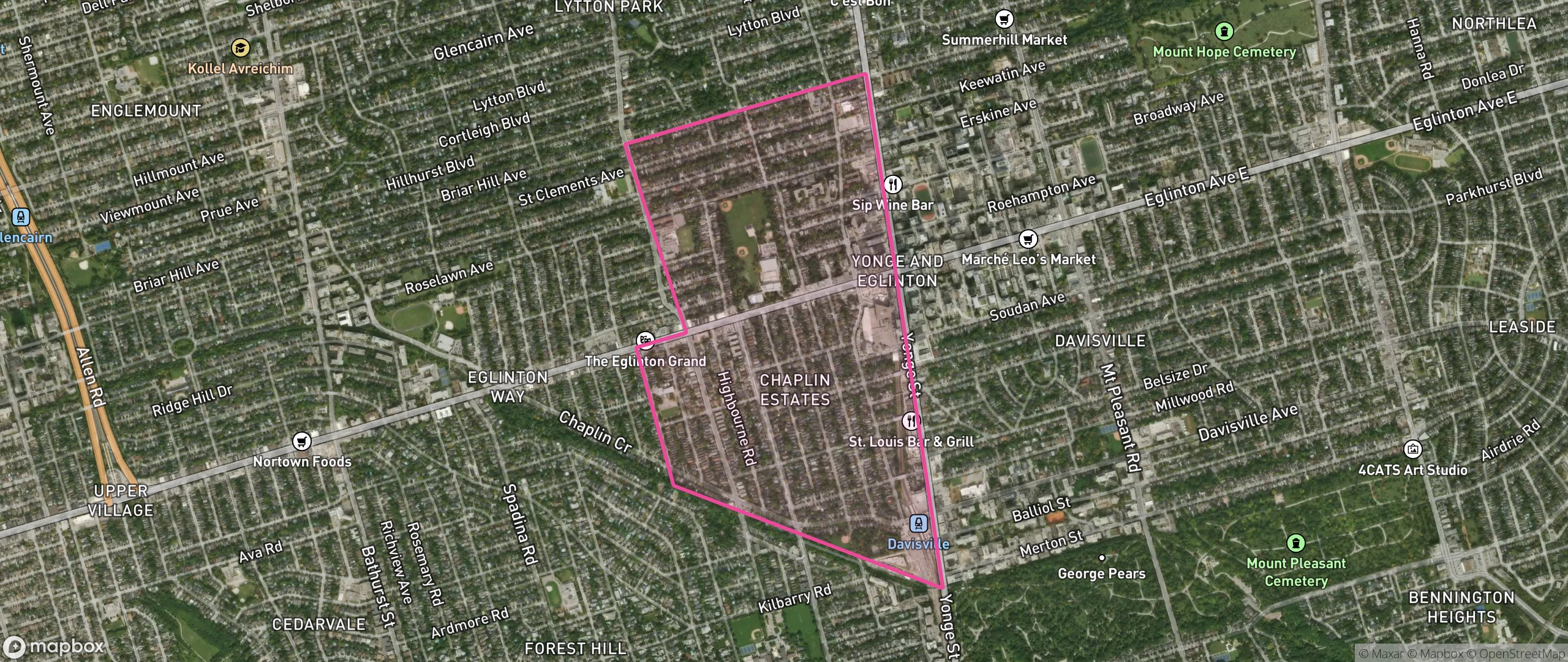 Map of Yonge-Eglinton, Toronto showing the community boundary