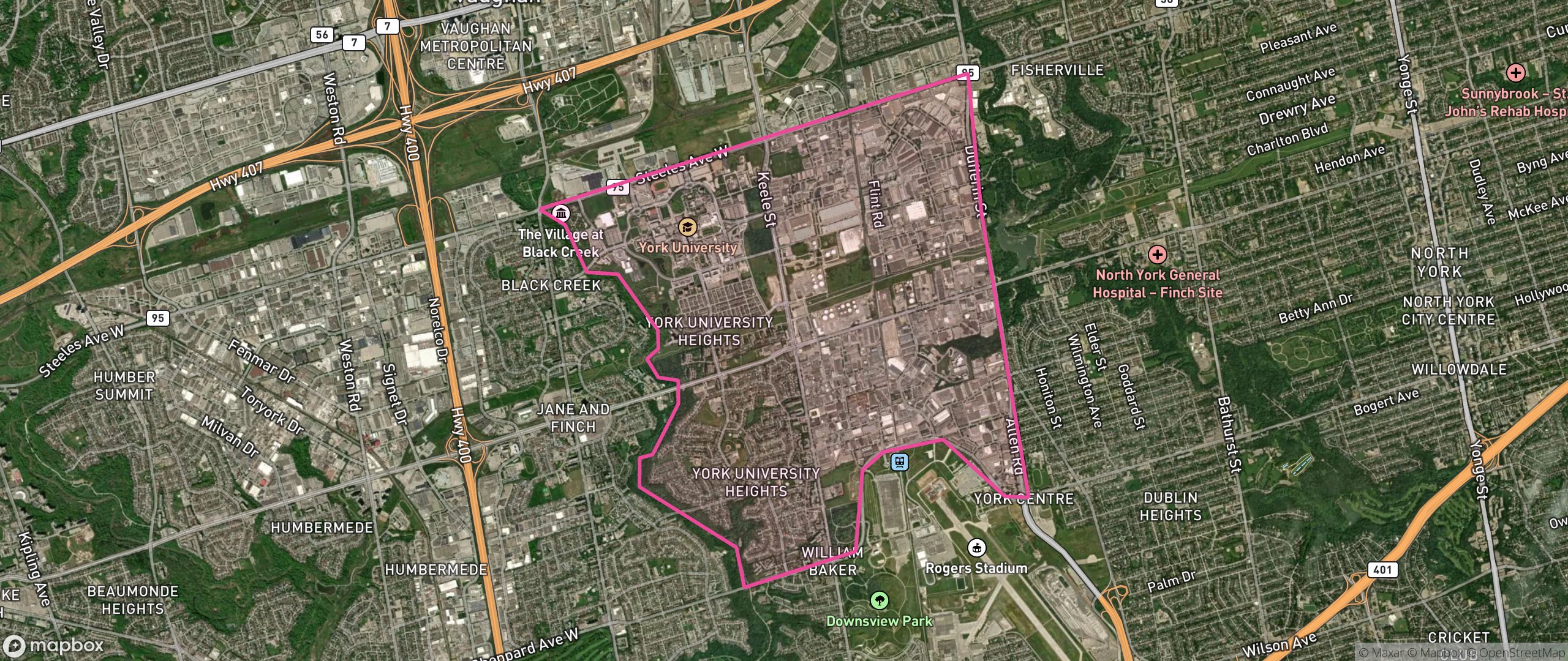 Map of York University Heights, Toronto showing the community boundary