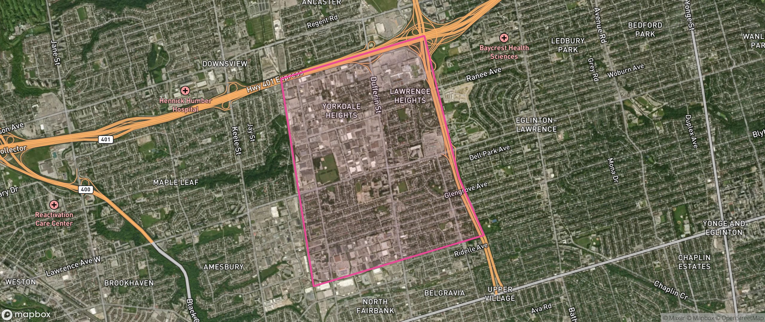 Map of Yorkdale-Glen Park, Toronto showing the community boundary