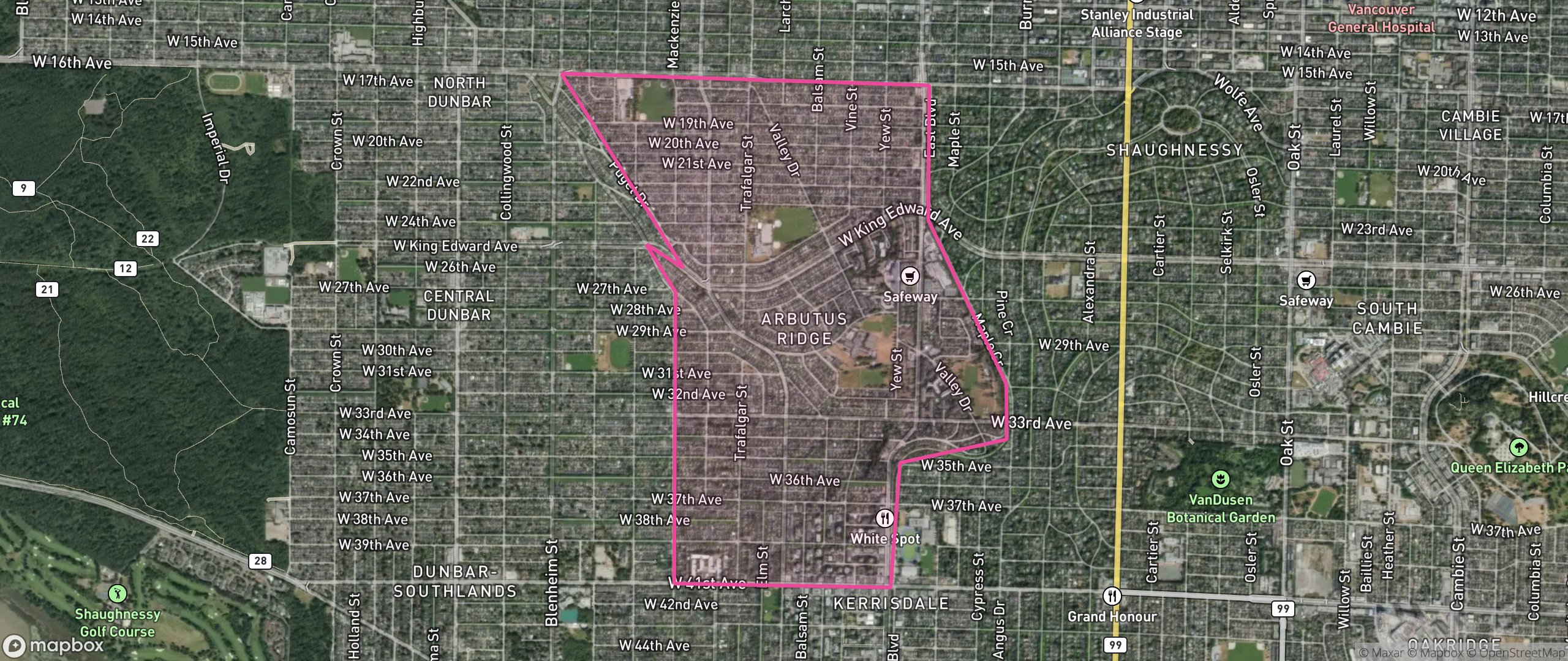 Map of Arbutus Ridge, Vancouver showing the community boundary
