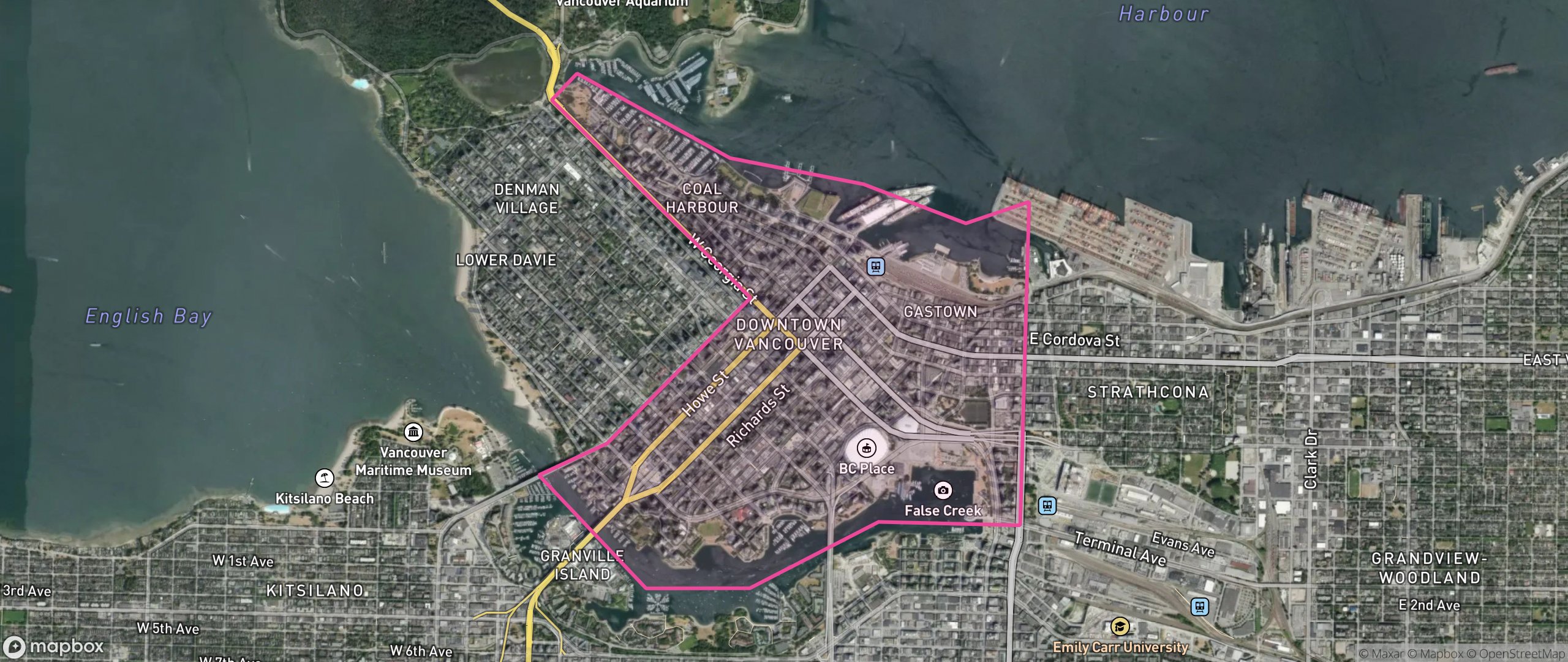 Map of Downtown, Vancouver showing the community boundary