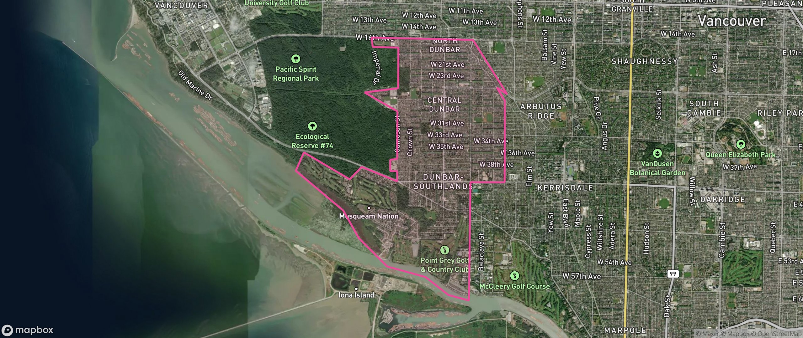 Map of Dunbar-Southlands, Vancouver showing the community boundary