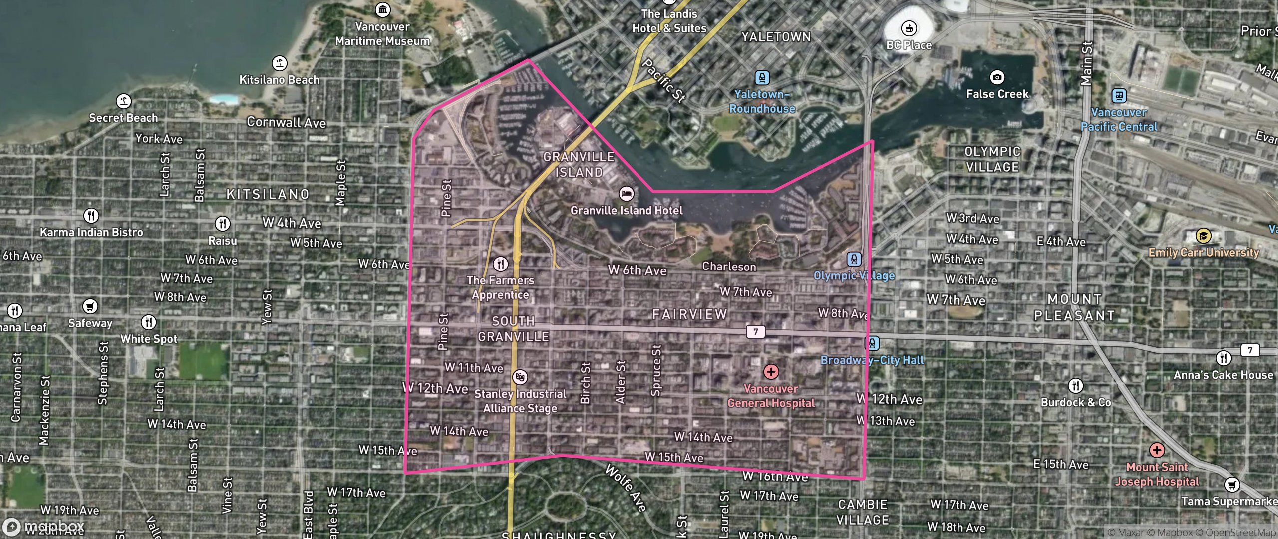Map of Fairview, Vancouver showing the community boundary