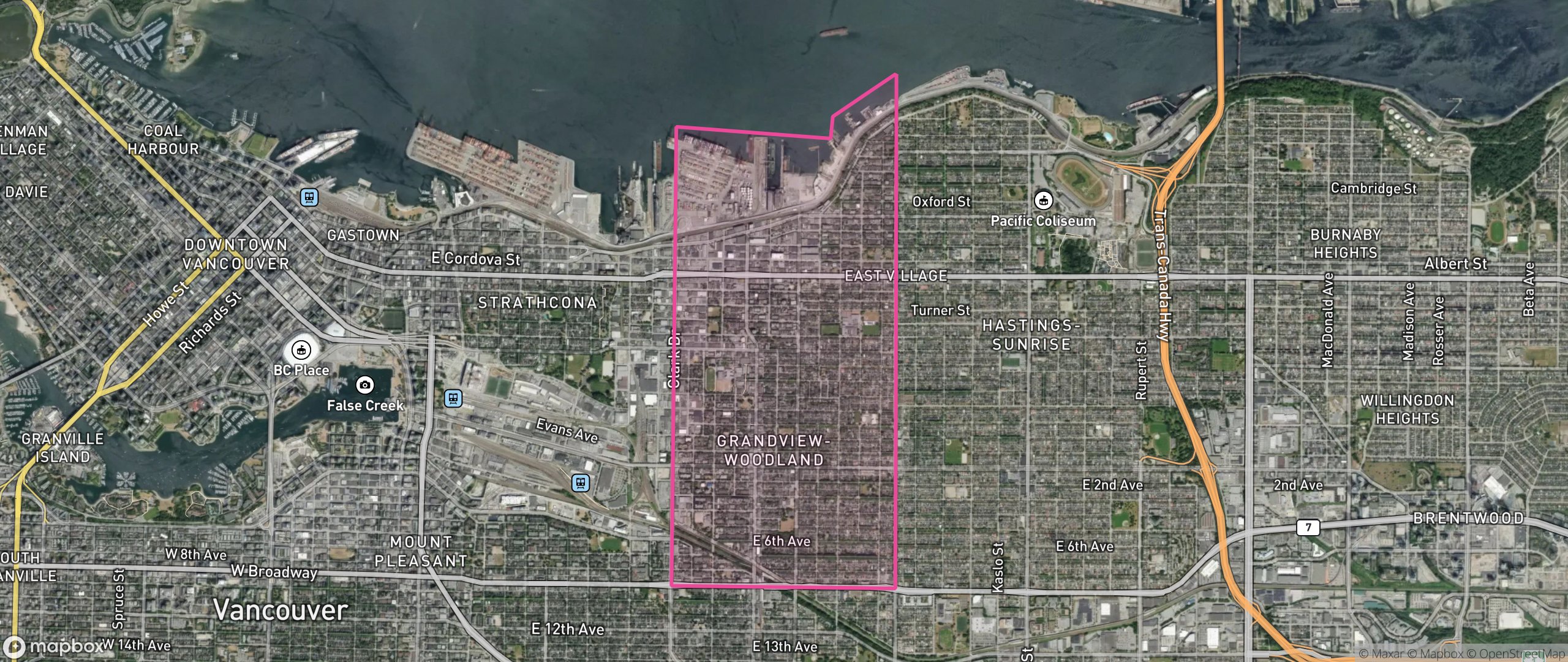 Map of Grandview-Woodland, Vancouver showing the community boundary