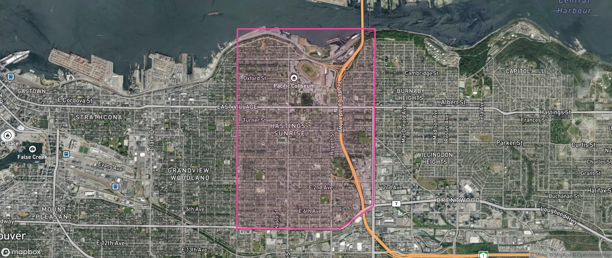 Map of Hastings-Sunrise, Vancouver showing the community boundary